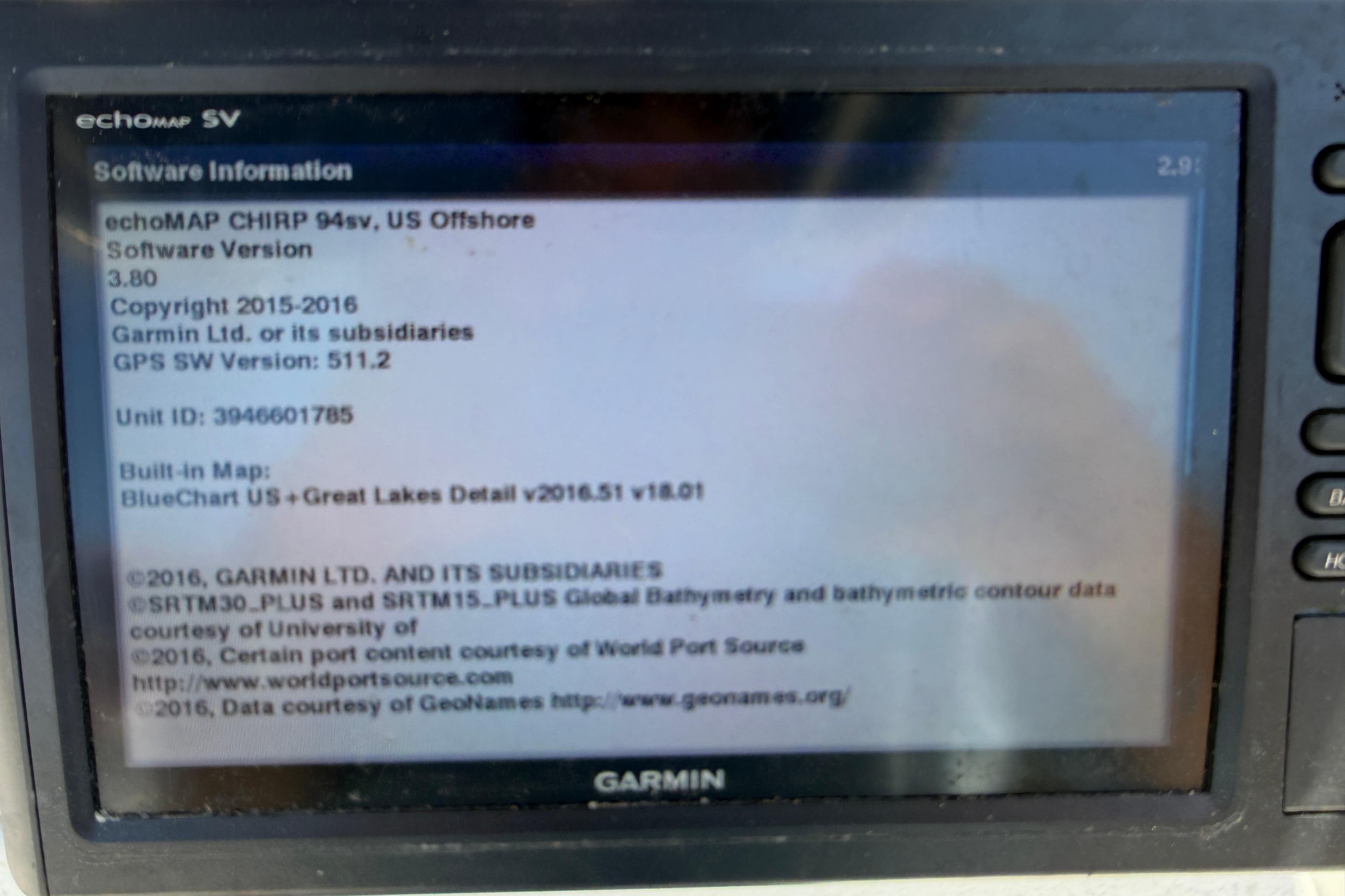 Garmin GPS software information screen on a 2002 Sea Chaser 2100 CC boat.