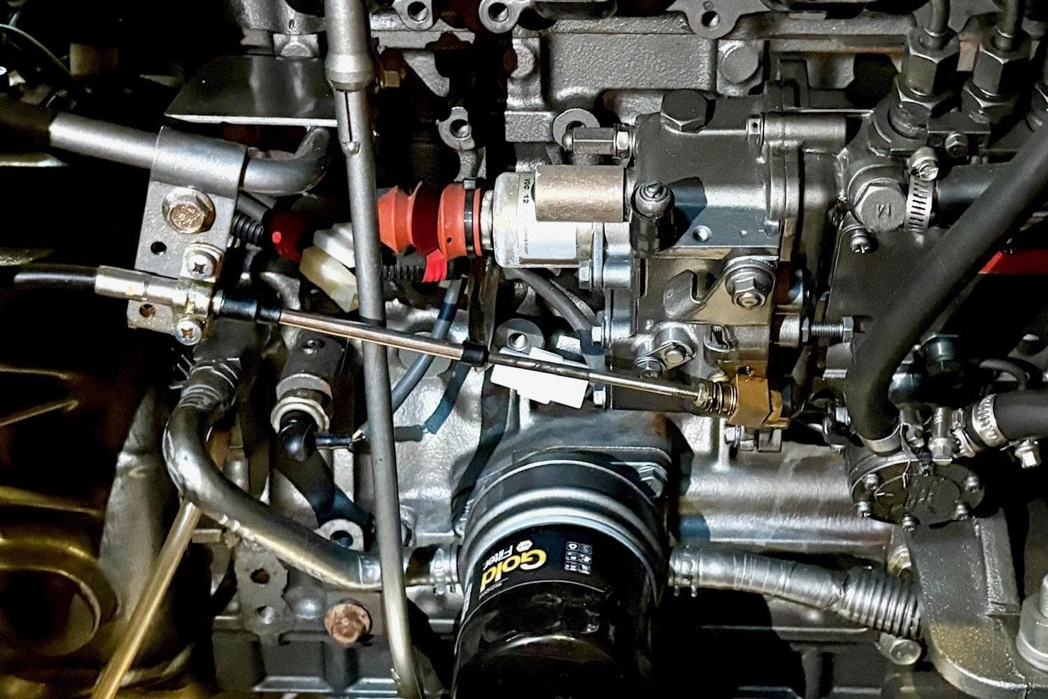 Engine components of a 2007 Jeanneau Sun Odyssey 42 DS sailboat.