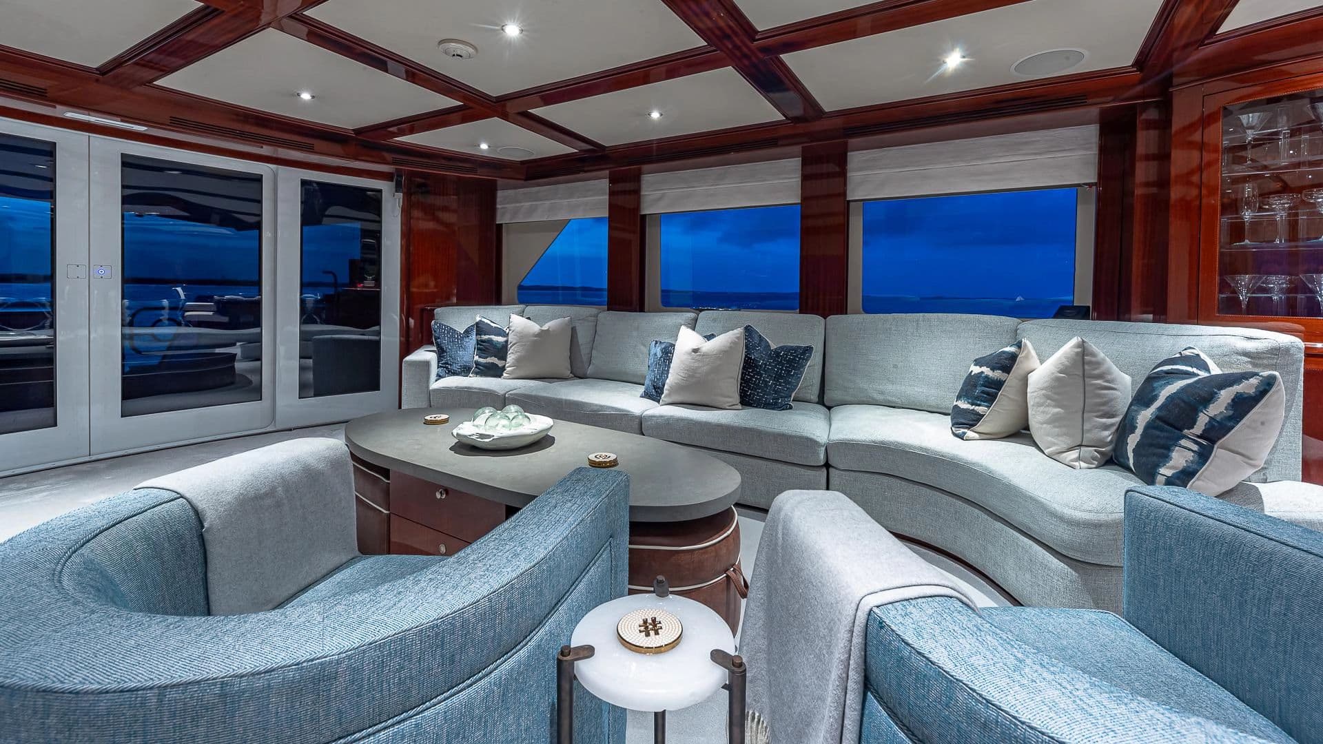 Luxurious salon of a 2008 Broward Raised Pilothouse yacht.