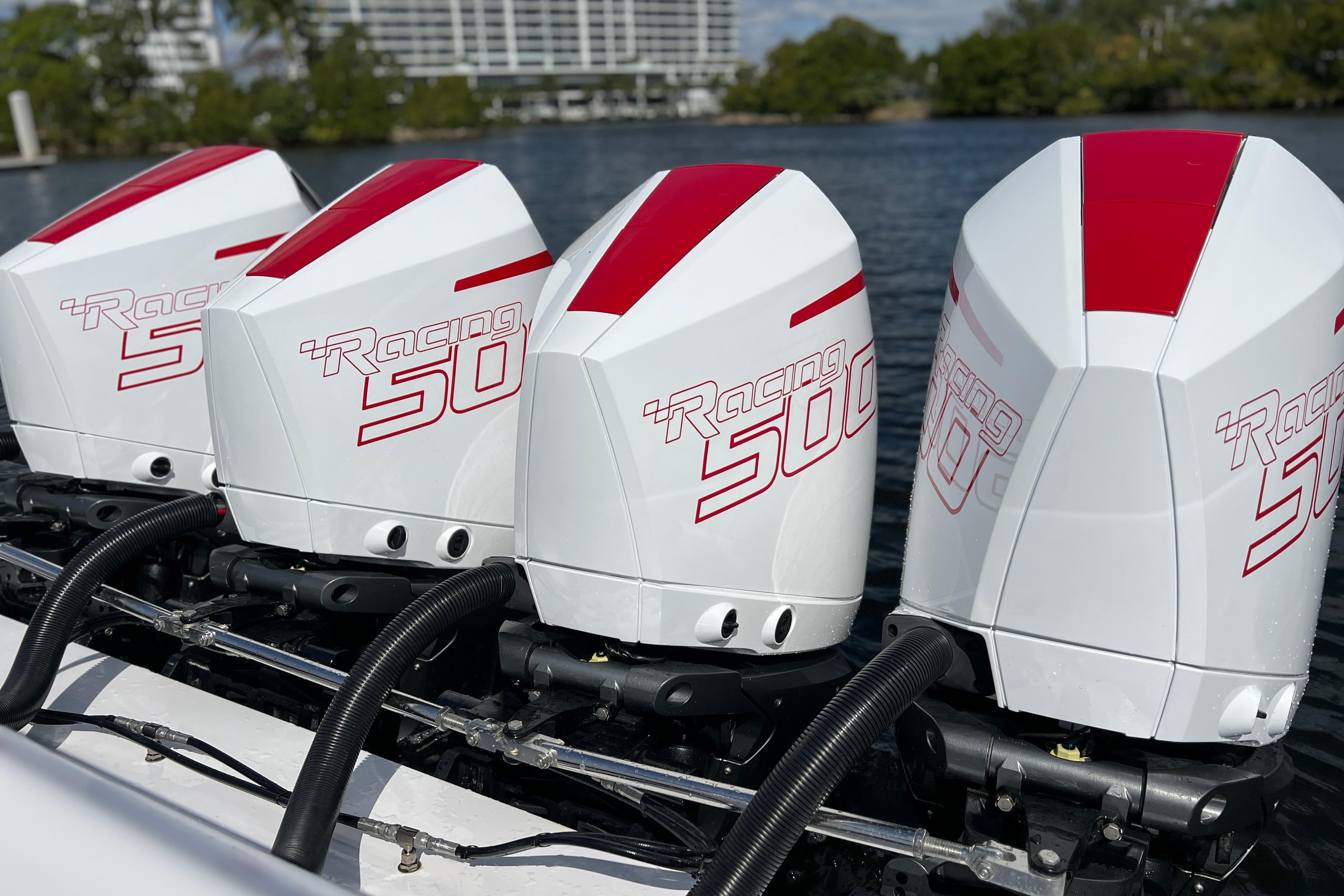 Four powerful Racing 500 outboard engines on a 2025 Cigarette 41 Nighthawk boat.