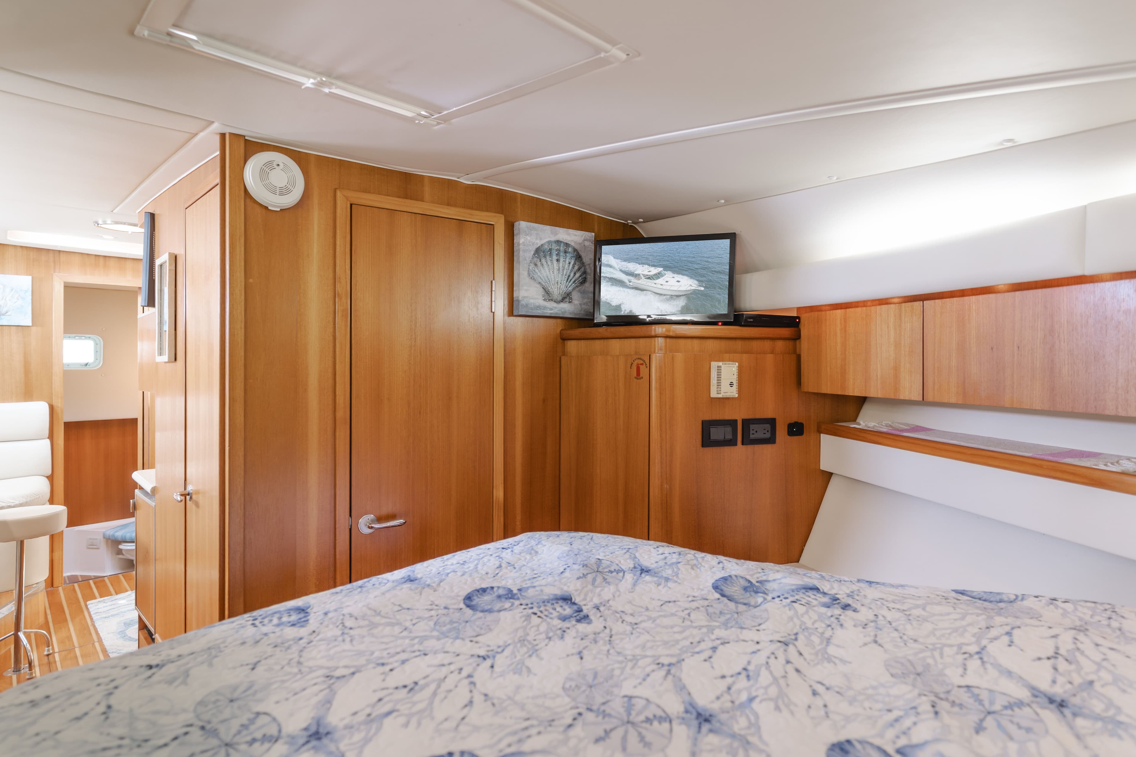 Interior of a 2004 Tiara Yachts 4000 with wood finish.