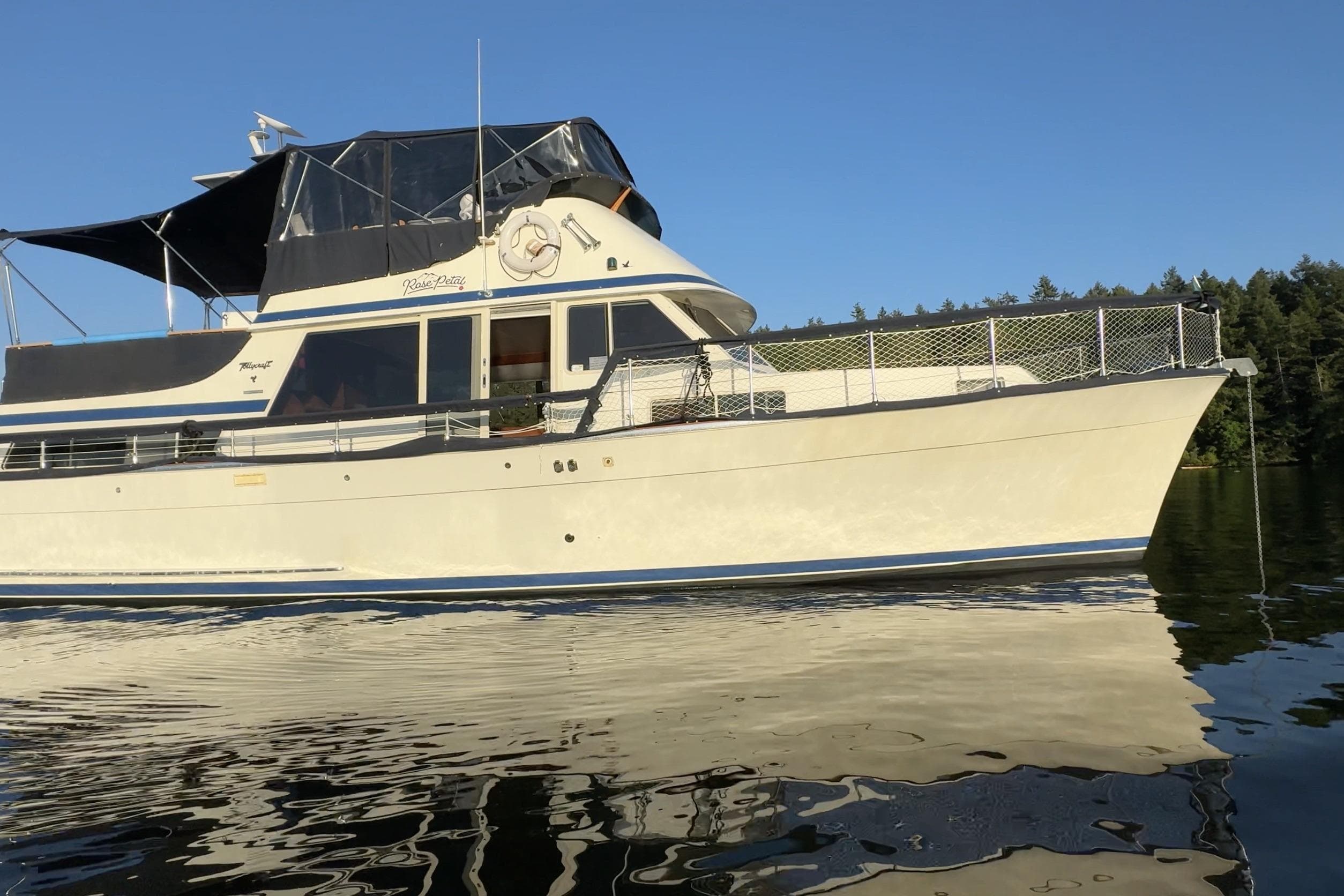 1981 Tollycraft 48 Cockpit Motor Yacht on calm water, clear sky background.