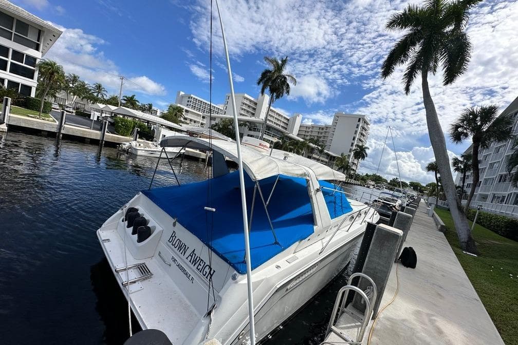 1994 Sea Ray 370 Express Cruiser docked in a sunny marina with palm trees.