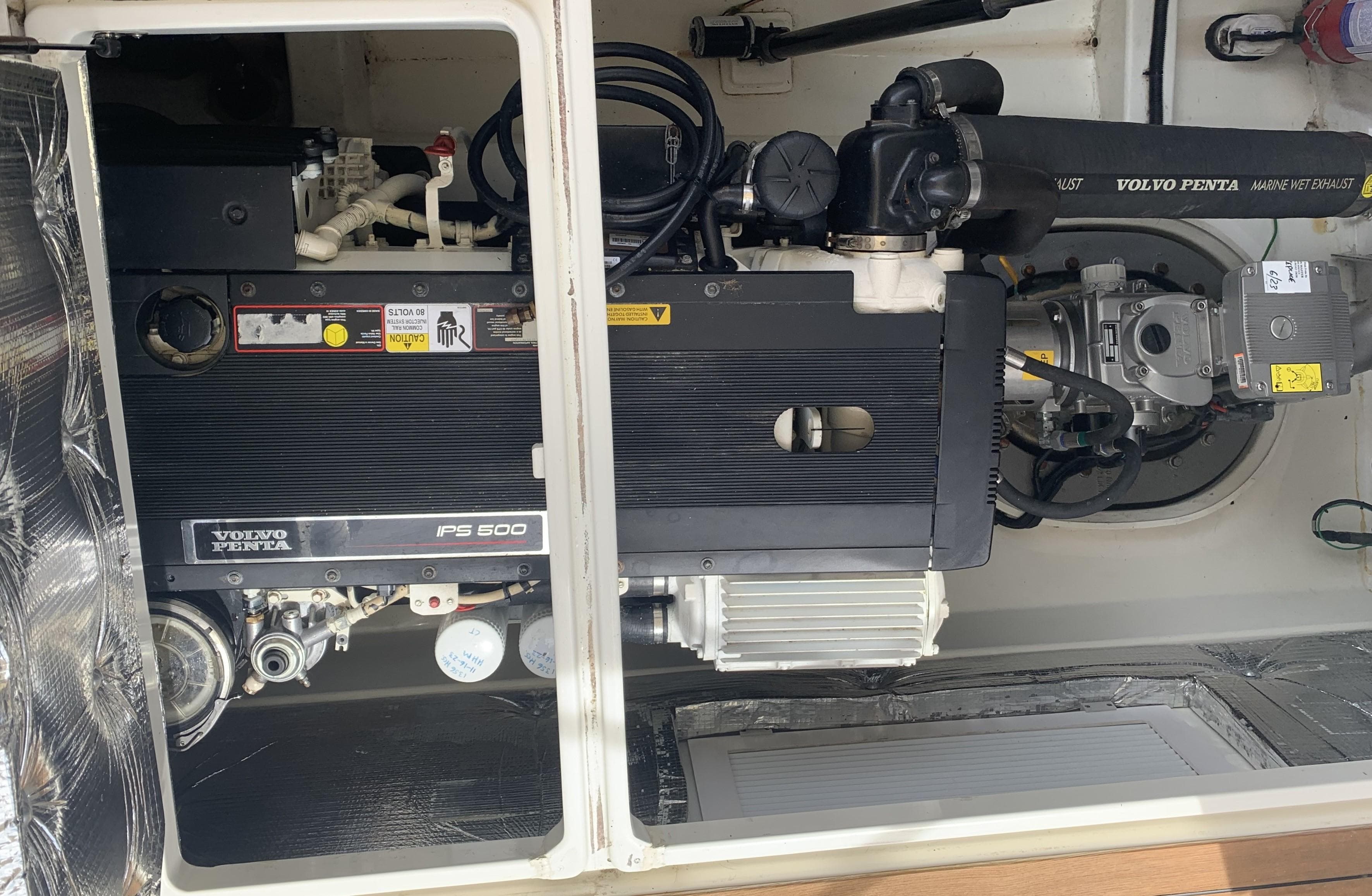 Engine compartment of a 2011 MJM 40z Downeast boat with Volvo Penta engine.