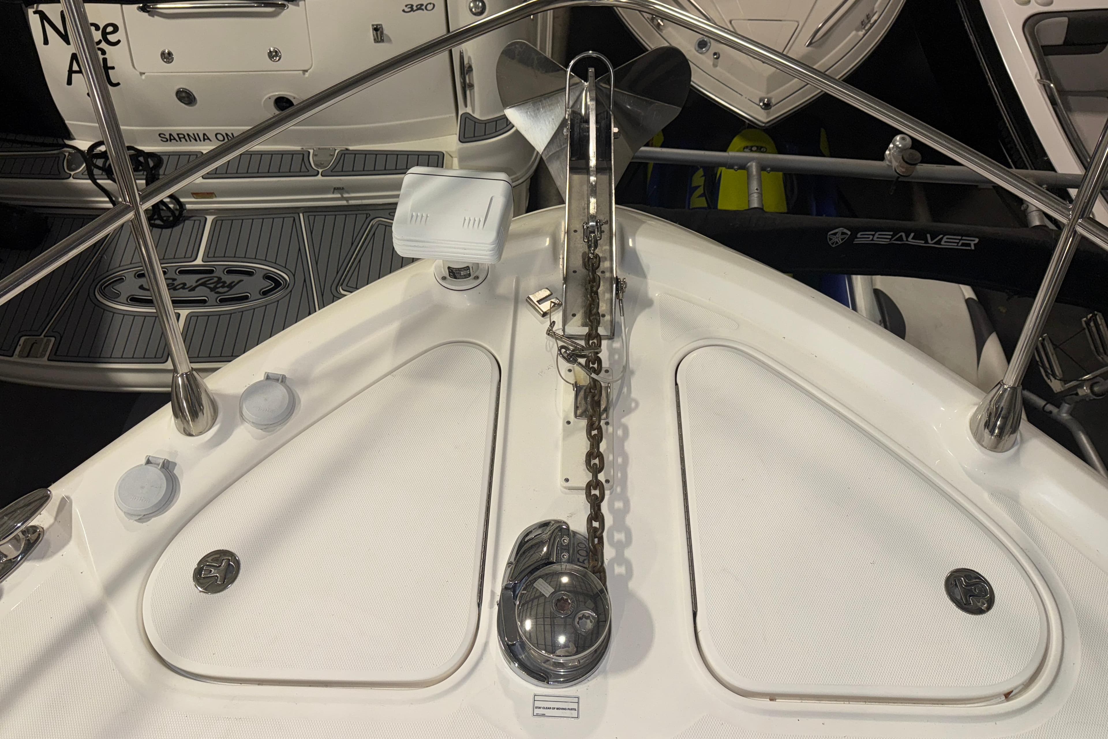 Bow of 2008 Sea Ray 55 Sundancer with anchor and deck fittings.