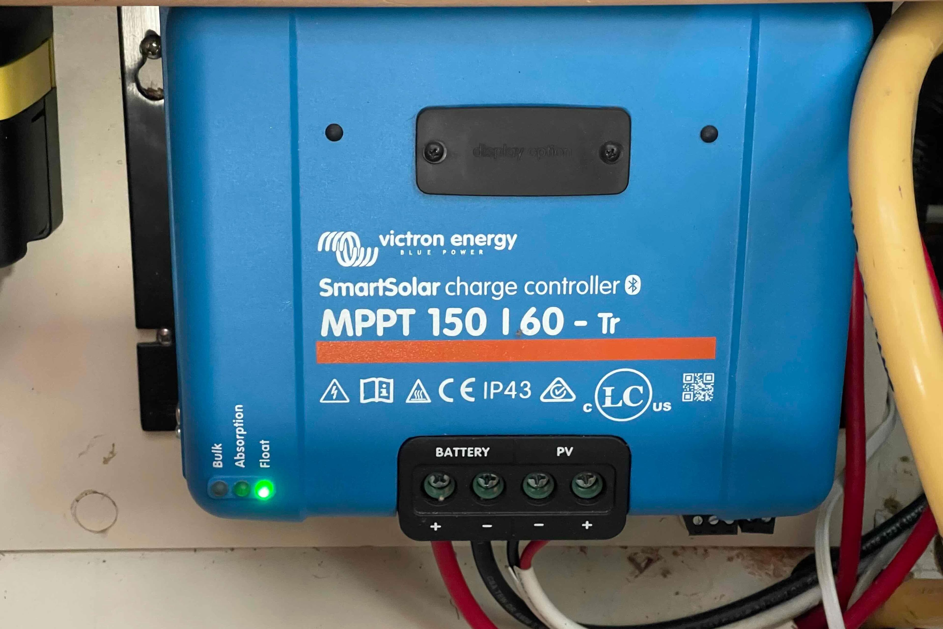 Victron Energy SmartSolar charge controller on 2010 Hunter 45 Center Cockpit yacht.