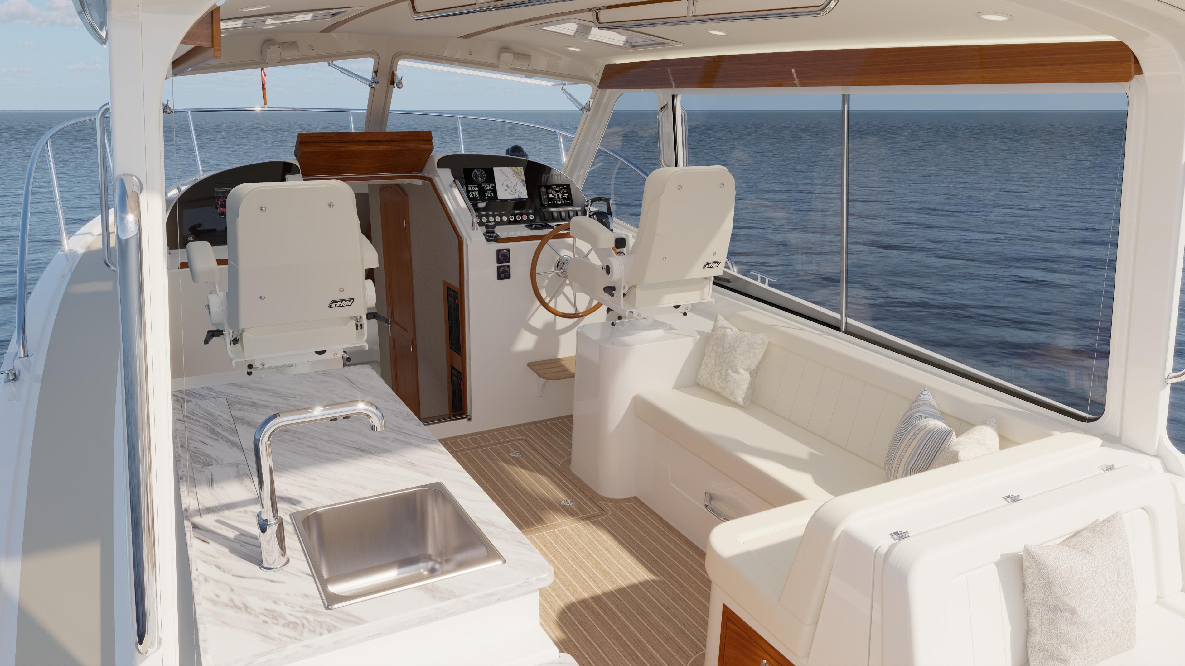 Luxurious 2026 MJM 38R yacht interior with modern helm, seating, and ocean view.