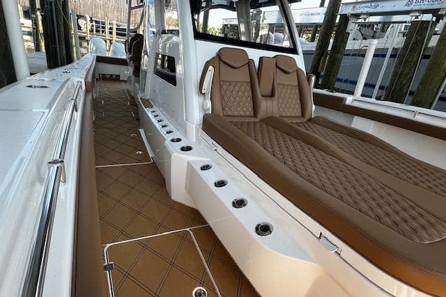 2024 Invincible 46 Catamaran interior with luxurious seating and sleek design.
