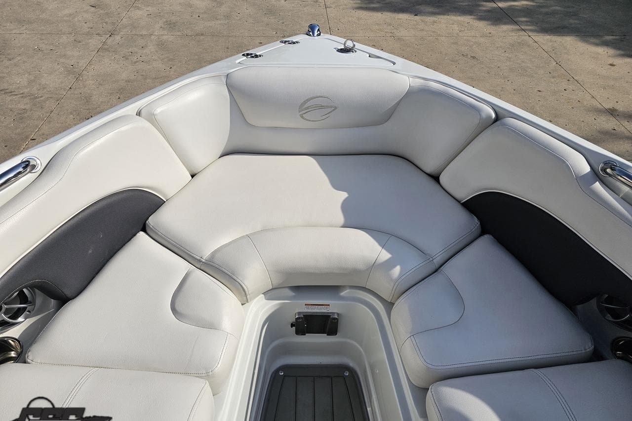 2019 Crownline 275 SS boat interior with white cushioned seating.