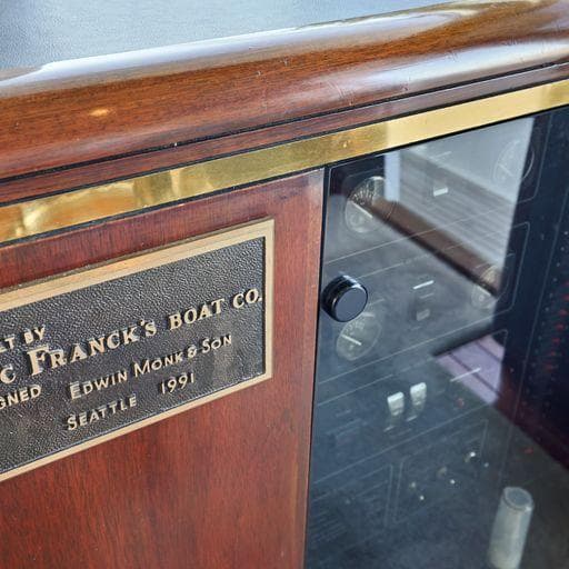 Plaque on 1991 Vic Franck 65 Pilot House boat, designed by Edwin Monk & Son, Seattle.