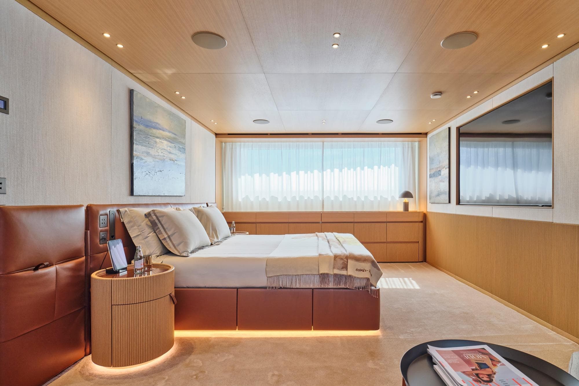Luxurious bedroom interior of 2024 Sanlorenzo SD118/156 yacht with modern design and elegant furnishings.