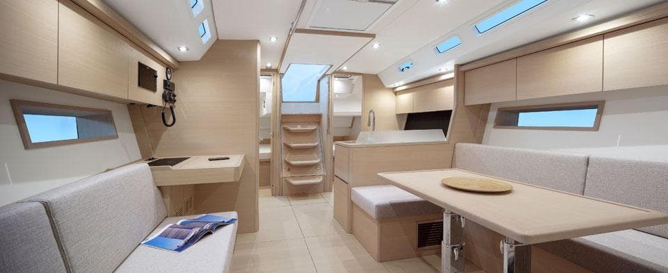 Modern interior of 2025 Solaris 44 yacht with sleek design and ample natural light.