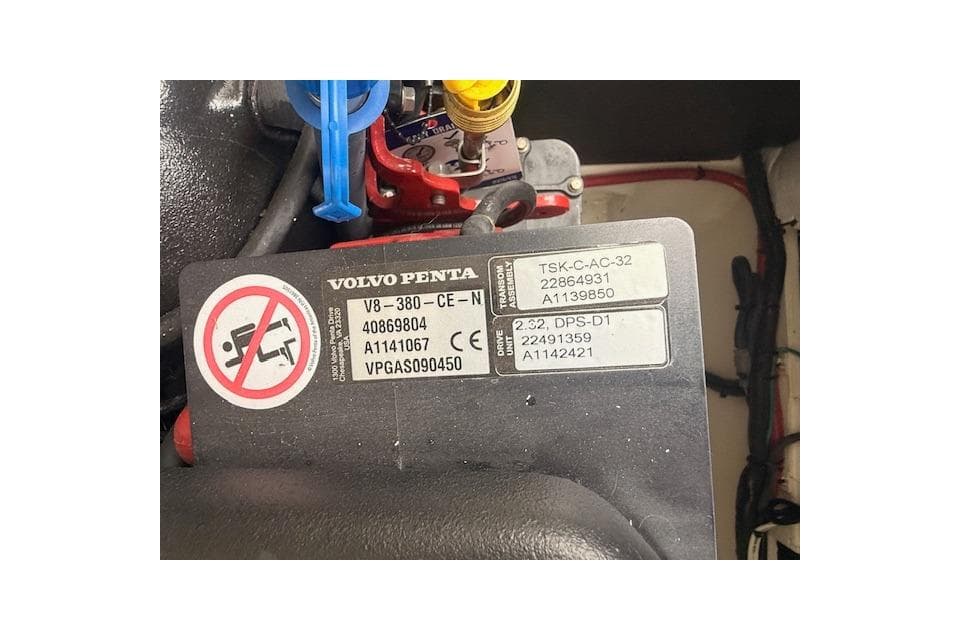 Volvo Penta engine label on 2021 Regal 2800 Bowrider, displaying model and serial numbers.