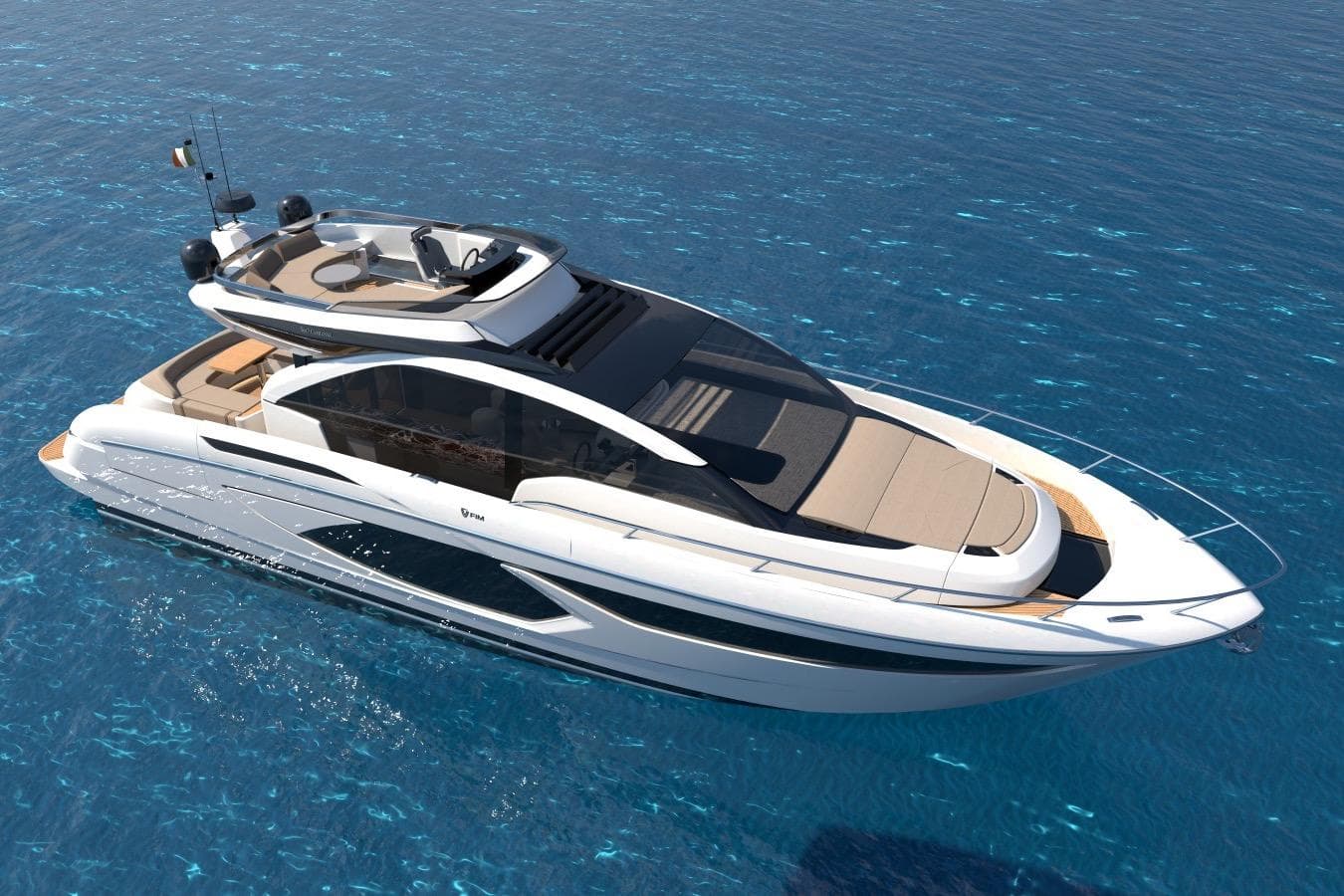 Luxurious 2026 FIM 580 Contessa yacht cruising on clear blue waters.