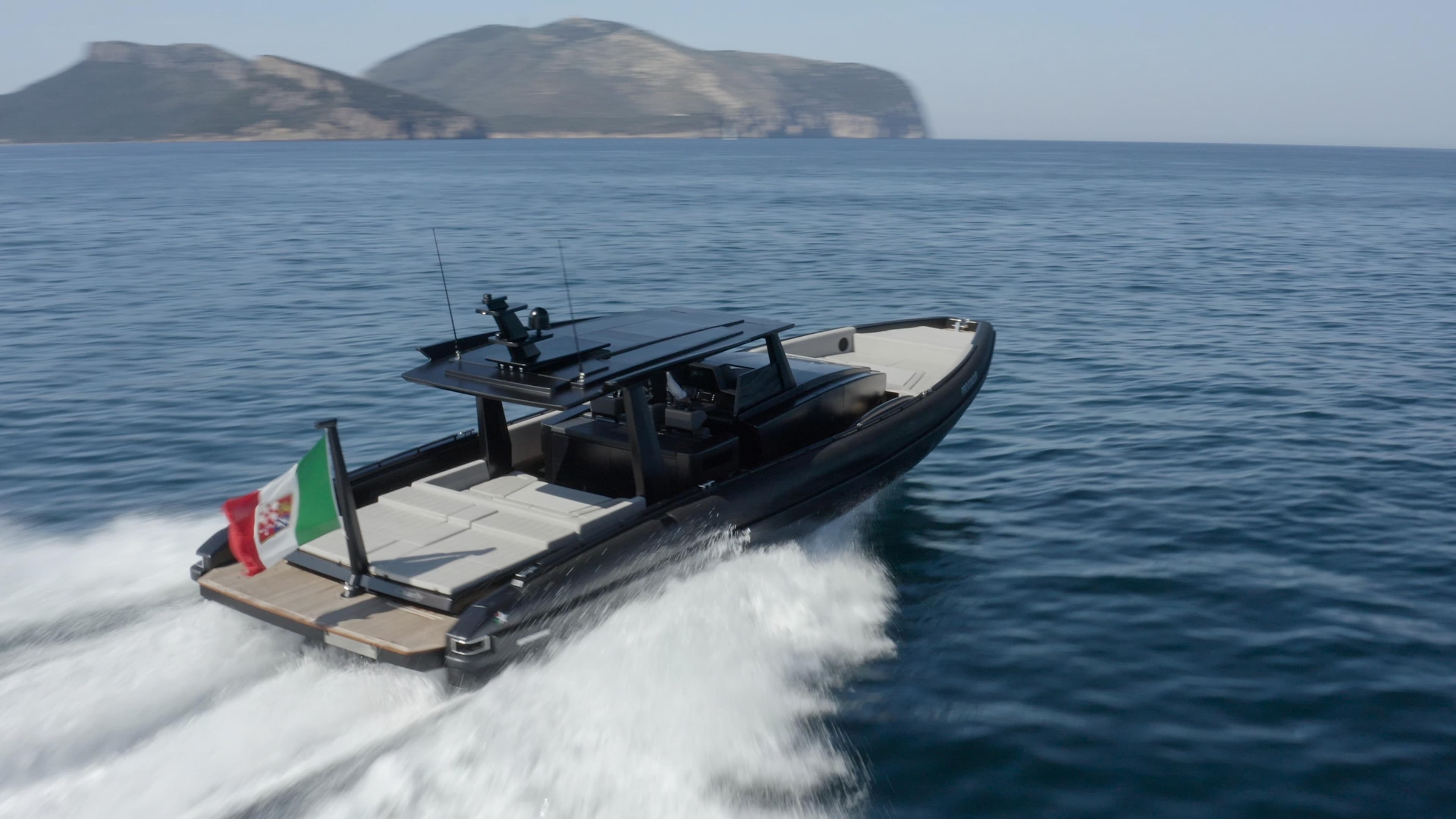Novamarine Black Shiver 140 EFB 2025 cruising on open water, displaying sleek design and speed.