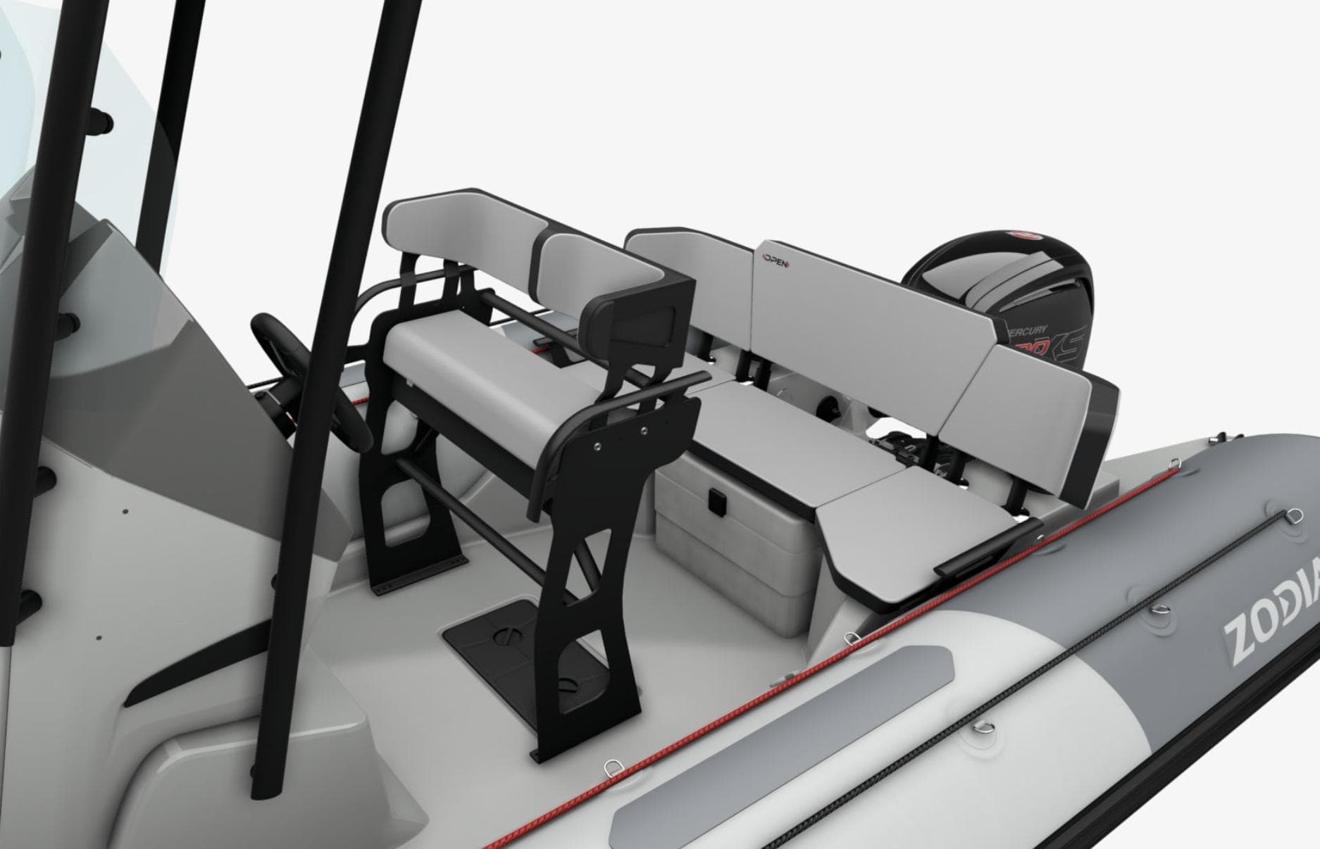 2024 Zodiac Open 5.5 boat interior with seating and storage compartments.