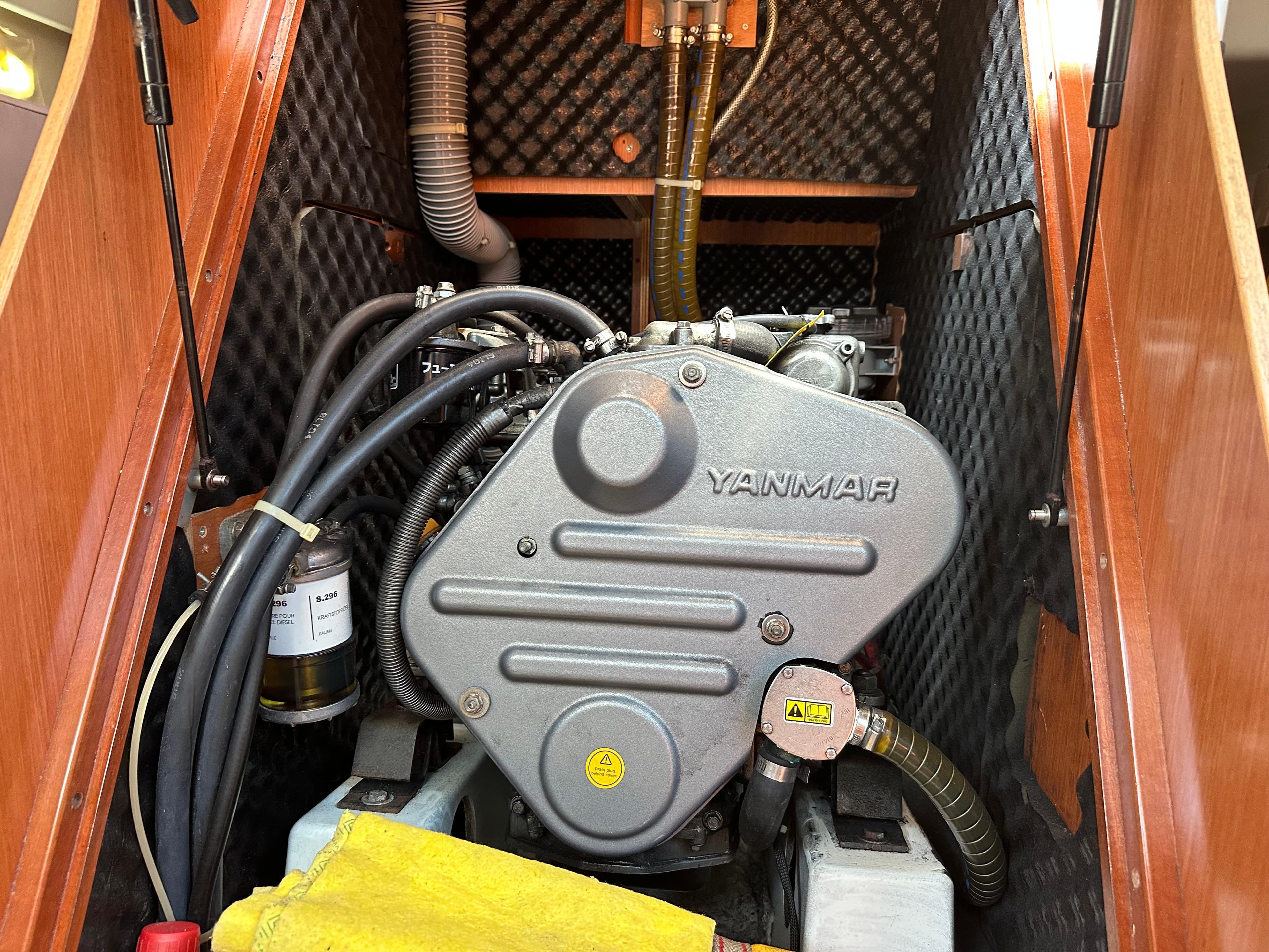 Yanmar engine in a 2007 Beneteau Oceanis 43 sailboat, showcasing detailed components.