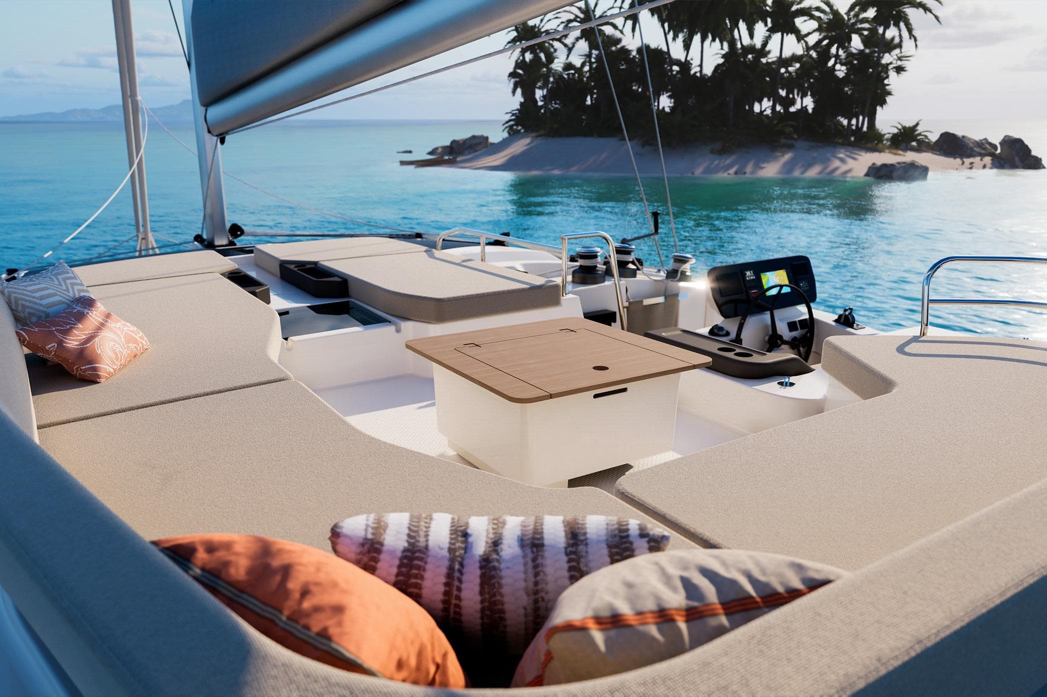 Luxurious 2026 Fountaine Pajot FP 48 yacht with elegant deck, tropical island view.
