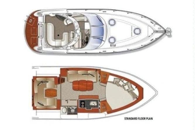 Floor plan of 2007 Four Winns 358 Vista boat, showcasing interior and deck layout.