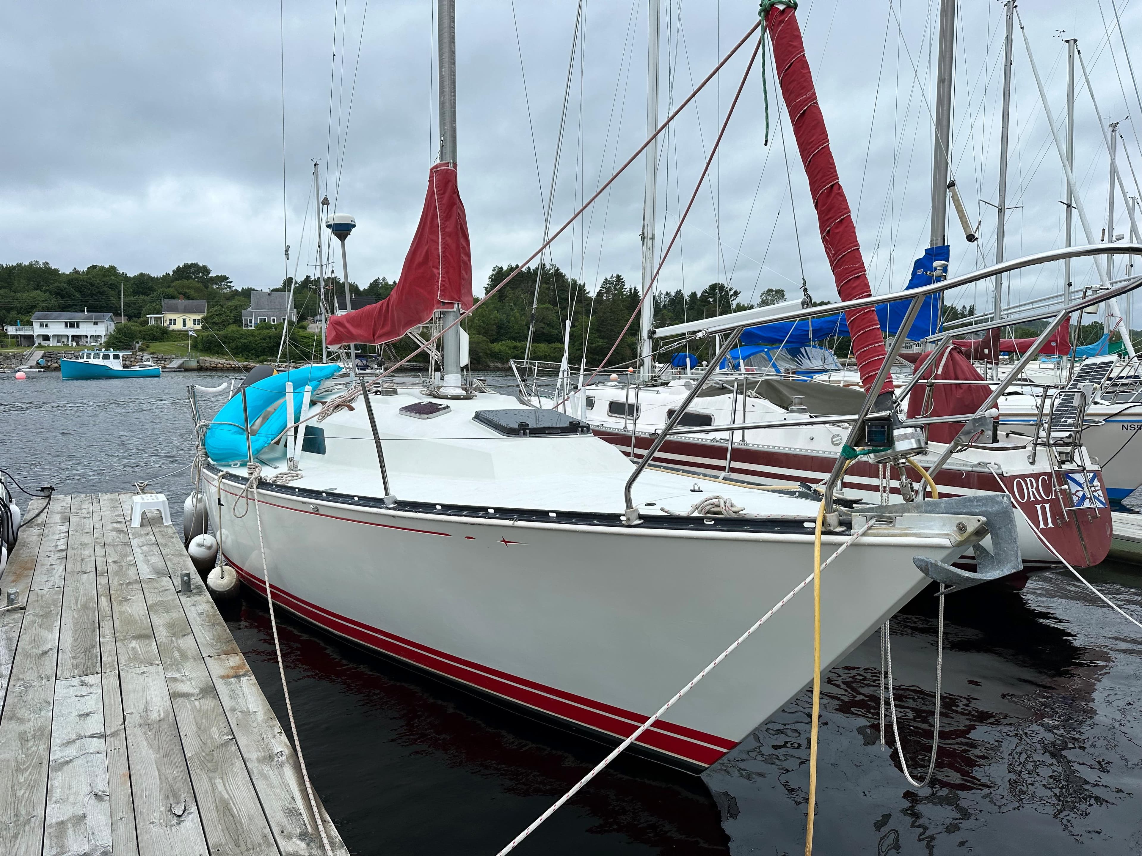 1982 C&C 32 sailboat docked, featuring red accents and blue cover, in a marina setting.