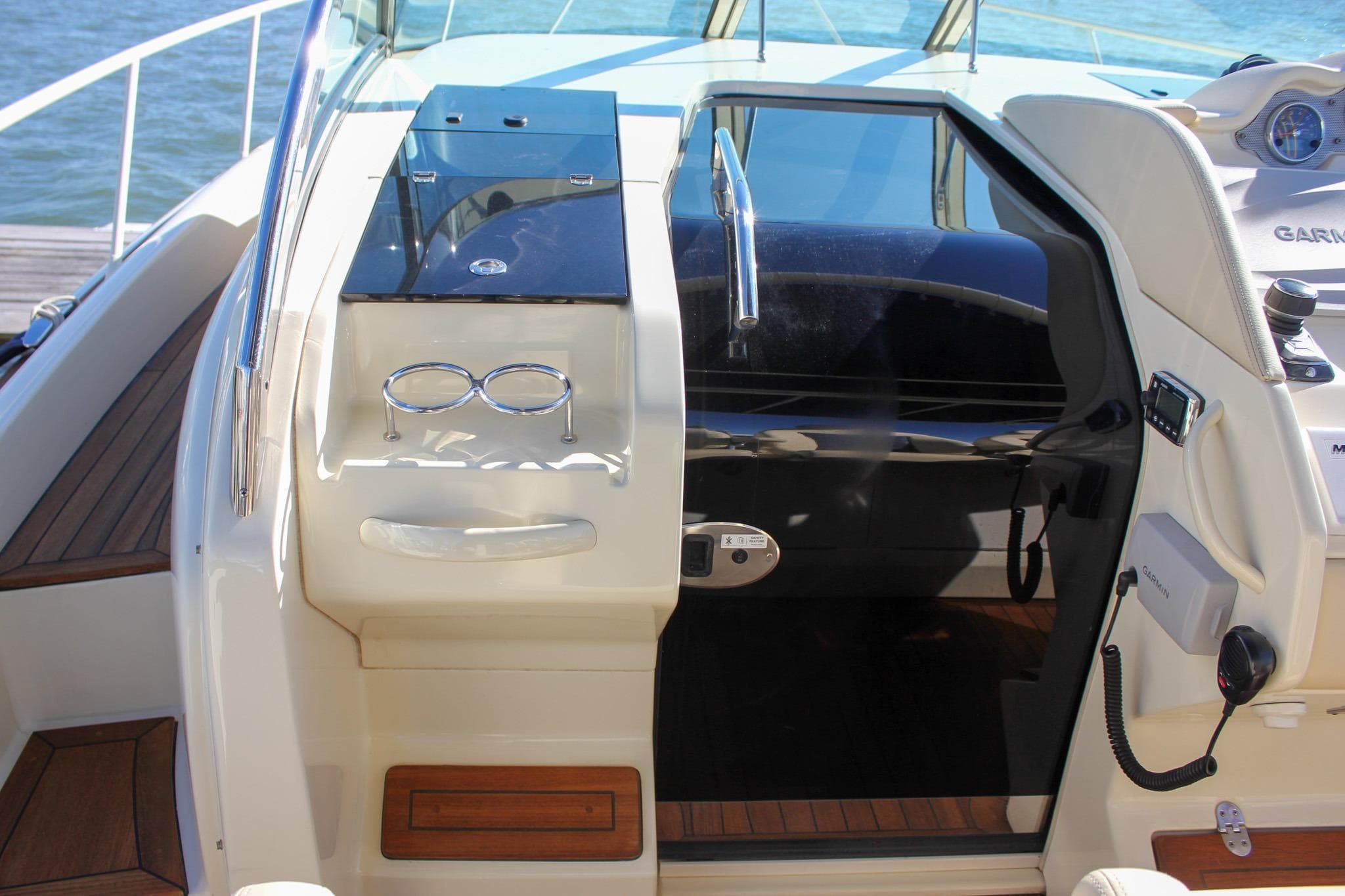 2017 Chris-Craft Launch 38 cockpit with sleek design and modern controls.