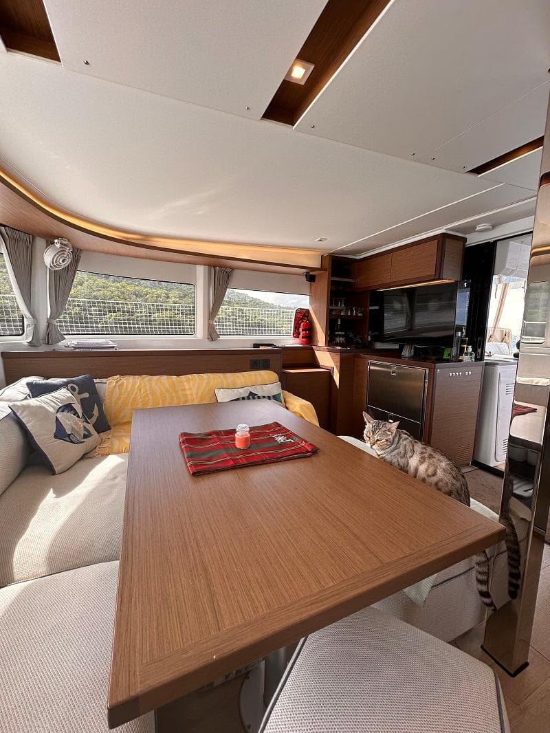 Interior of 2022 Lagoon 46 catamaran with cozy seating and a cat on the table.