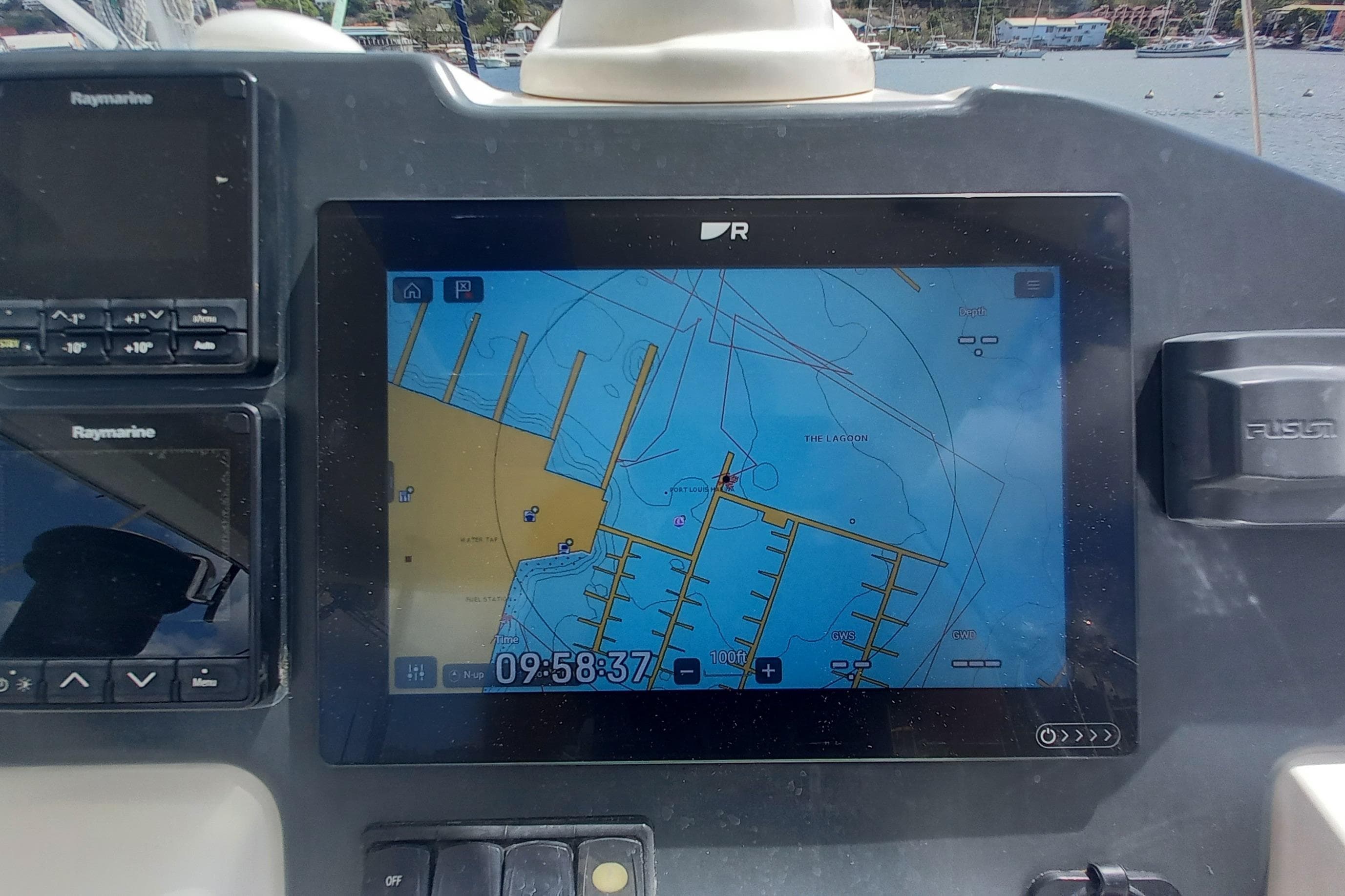 Navigation display on a 2019 Leopard 45 yacht showing a detailed marine map.