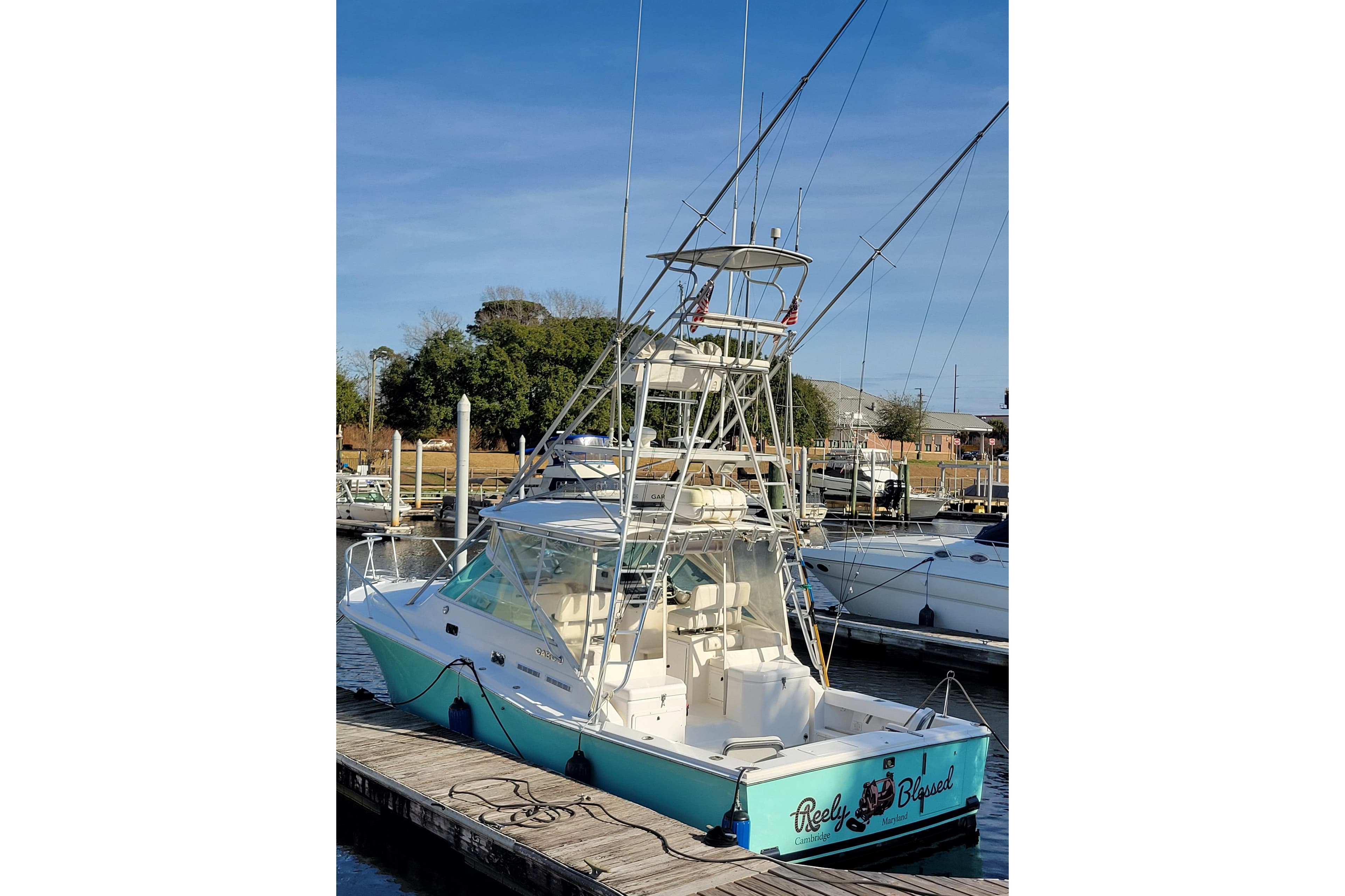 1998 Cabo 31 Express with Tower docked at marina, featuring fishing equipment and clear skies.
