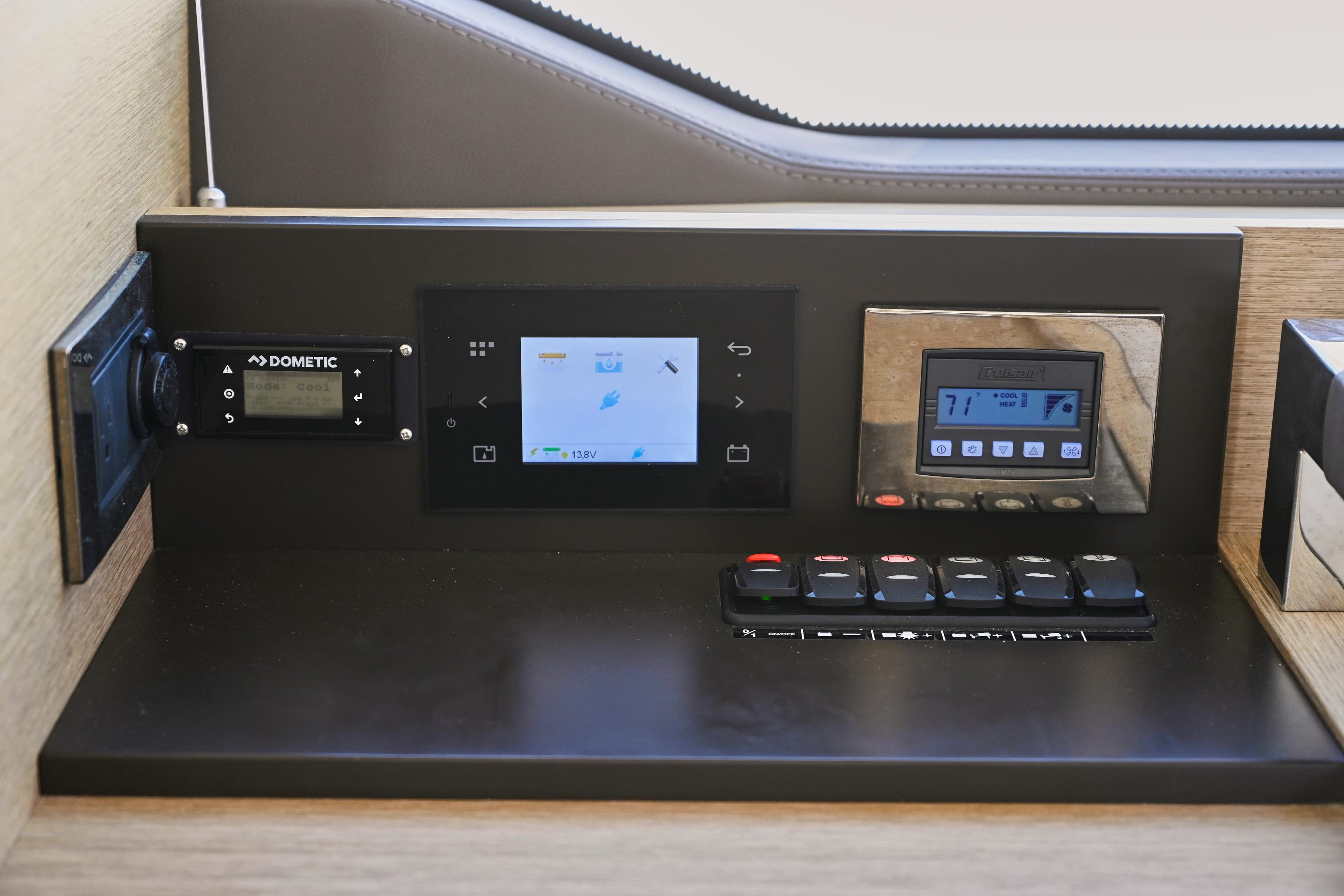 Control panel of a 2020 Prestige 460S yacht with digital displays and switches.