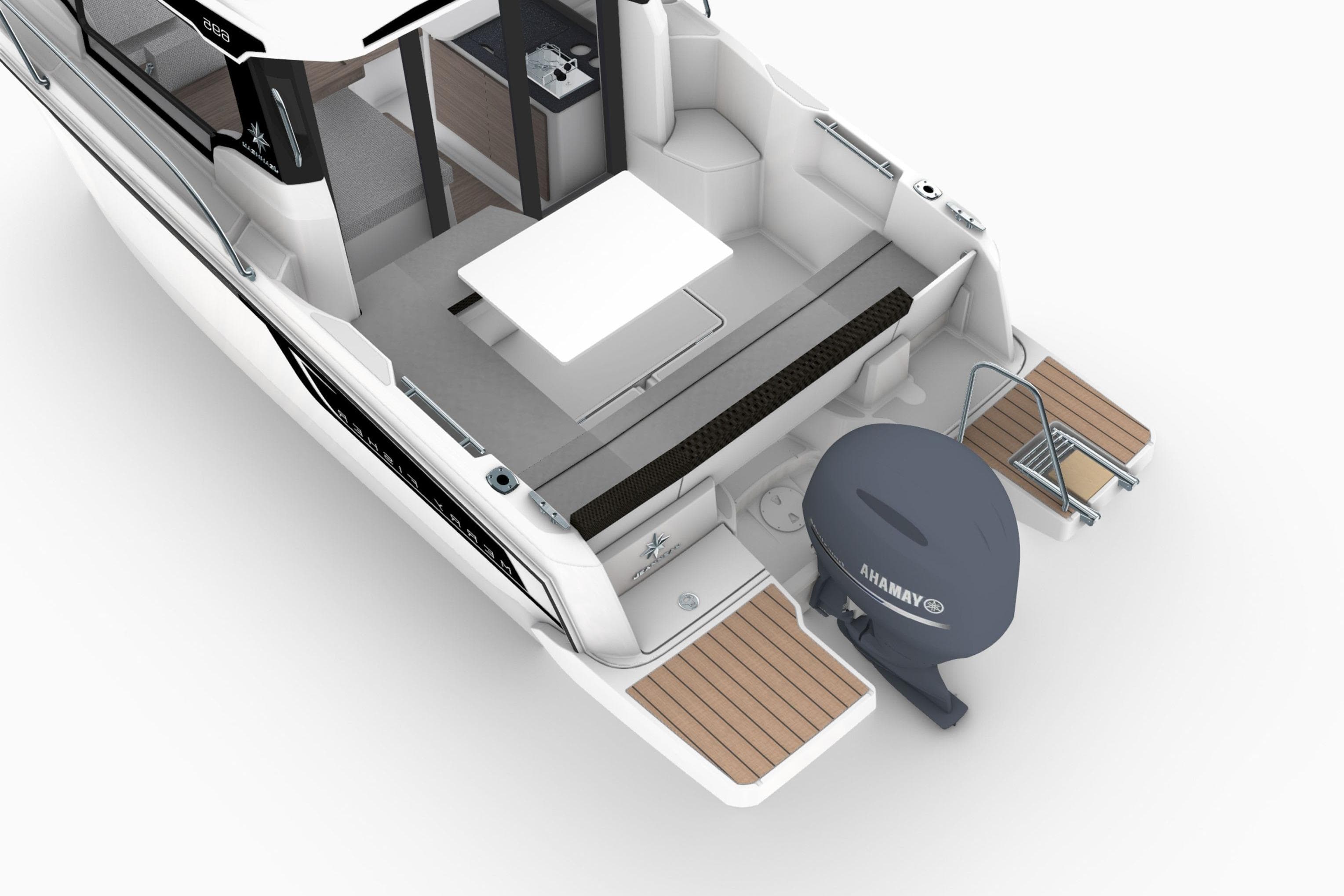 2026 Jeanneau NC 695 boat interior with seating, table, and outboard motor.