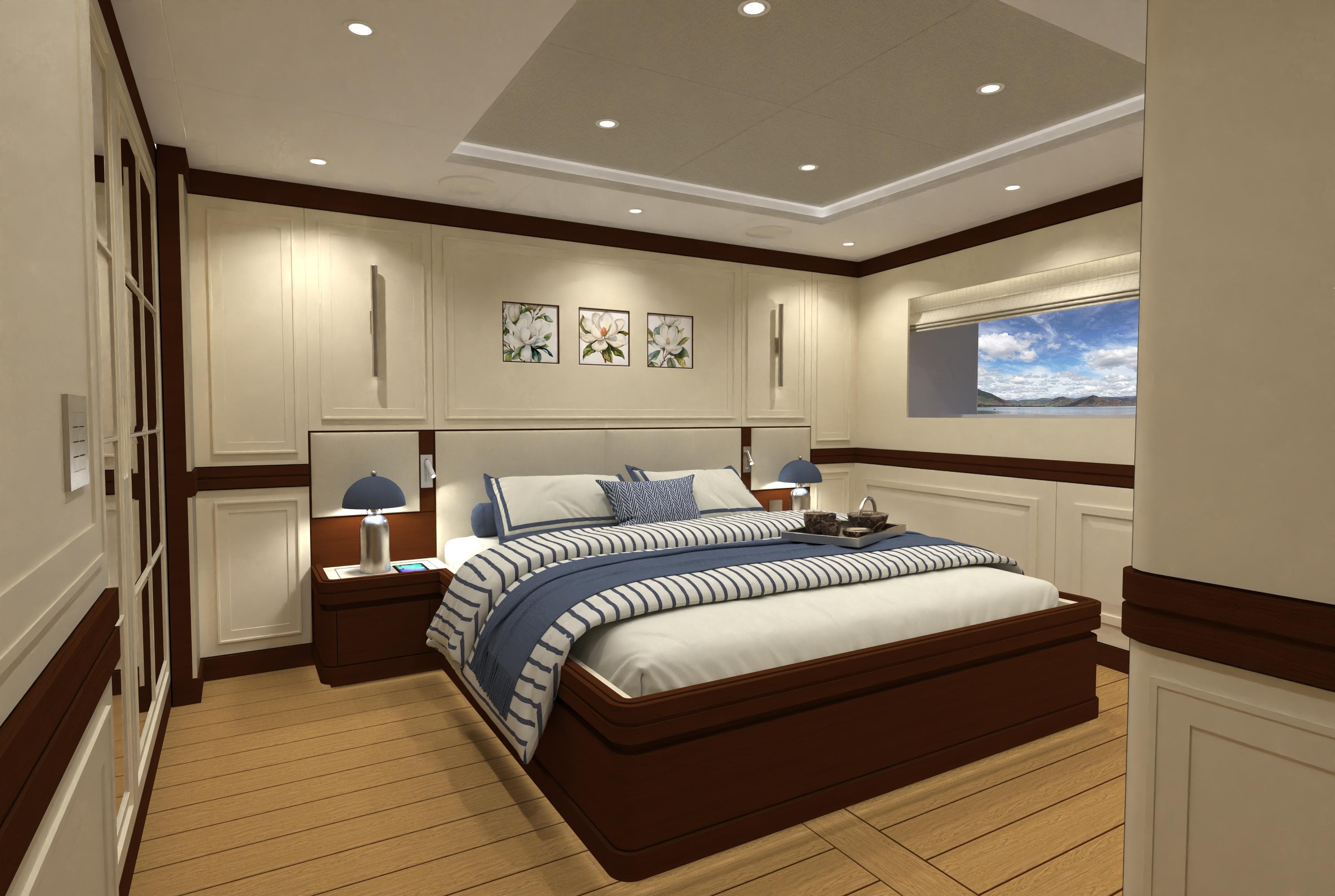 Luxurious 2026 Magnolia Yachts bedroom with elegant decor and ocean view window.