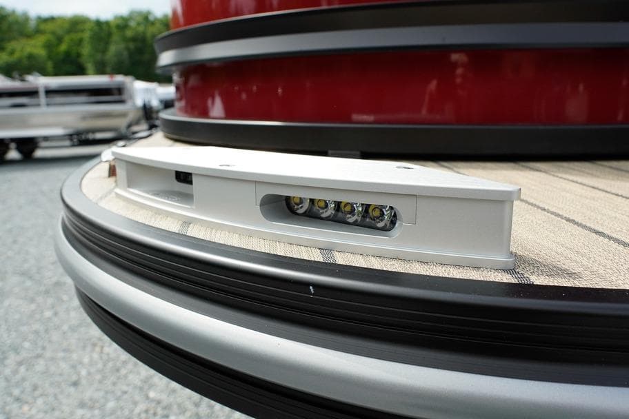 Close-up of SunCatcher Fusion 324RC 2026 boat deck with LED lighting.