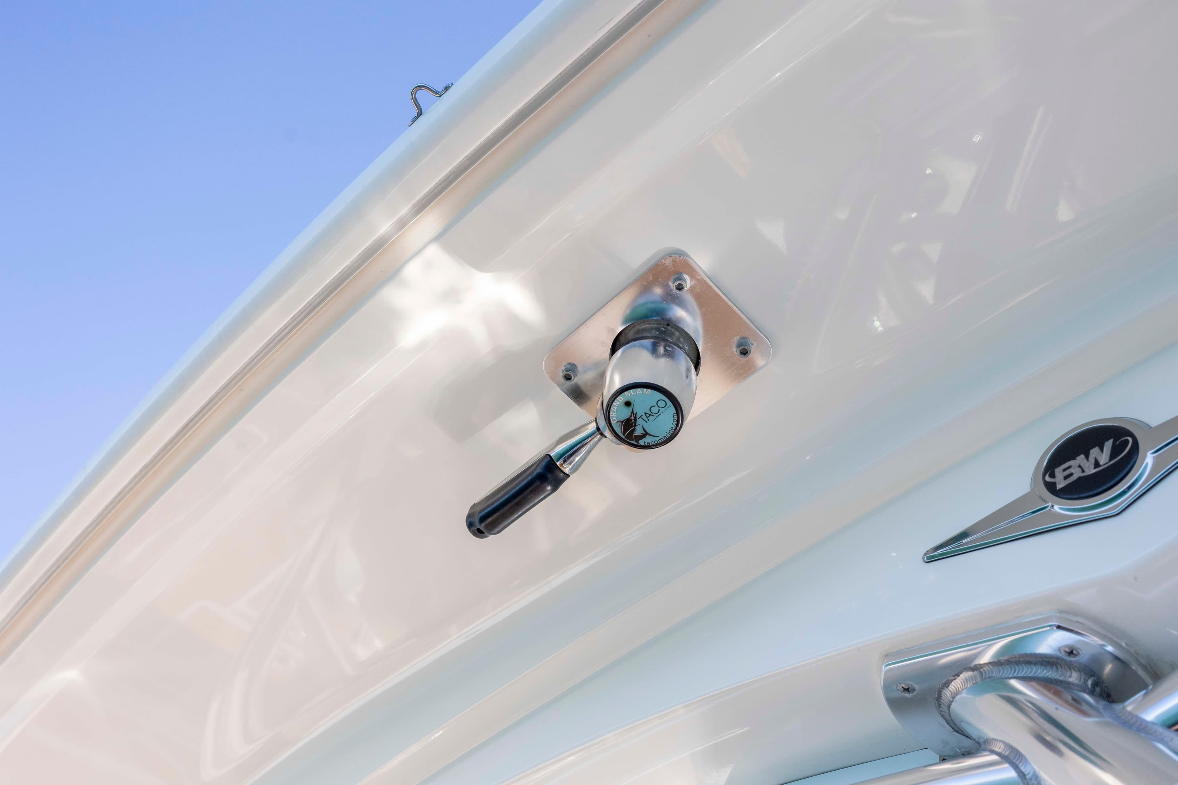 Close-up of 2020 Blackwater 41 Tournament boat hardware and logo detail.