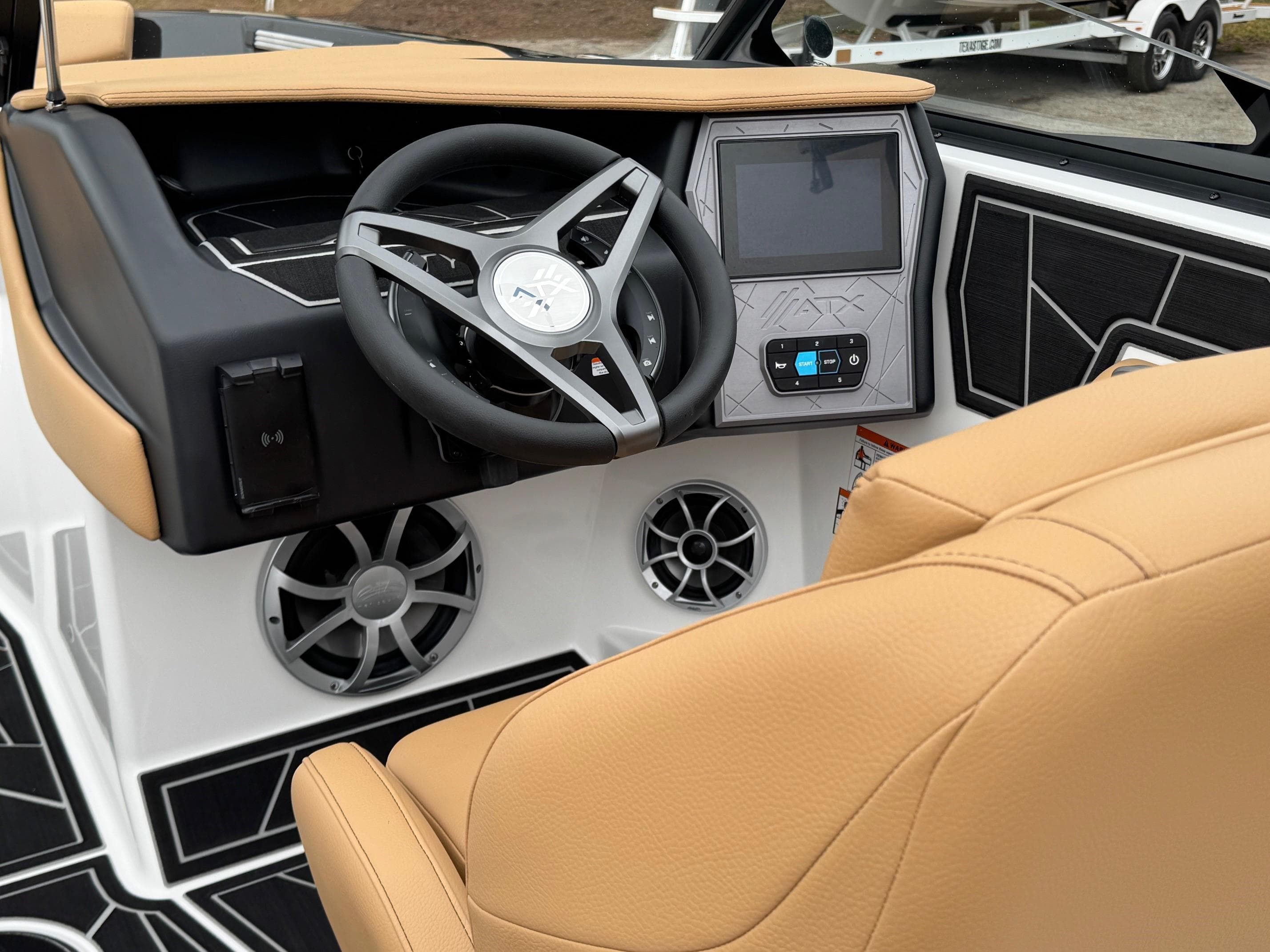 2025 ATX Surf Boats 20 Type-S interior with tan seats and modern dashboard.
