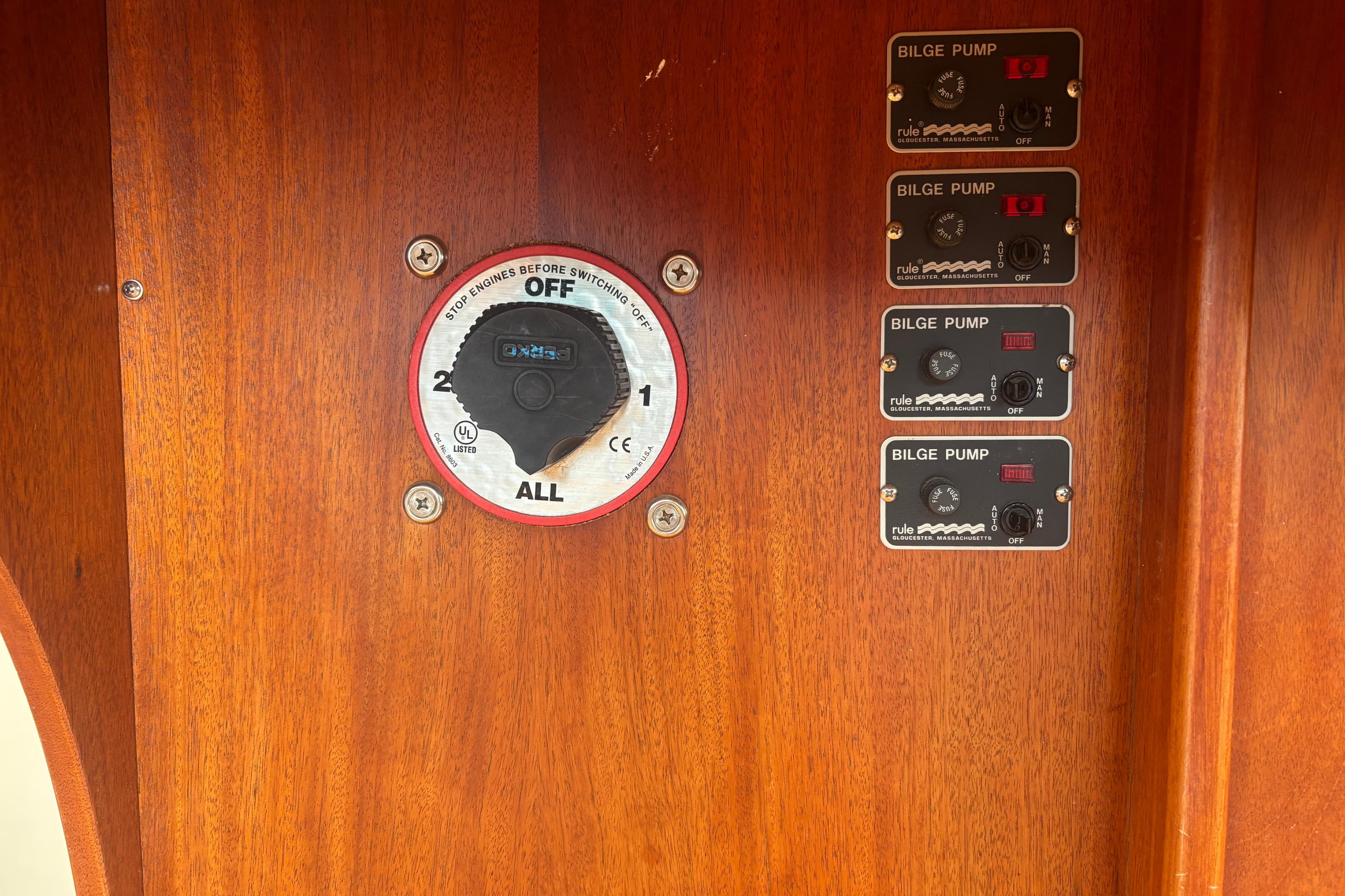 Boat control panel with bilge pump switches and battery selector, Lowell 40, 2001 model.