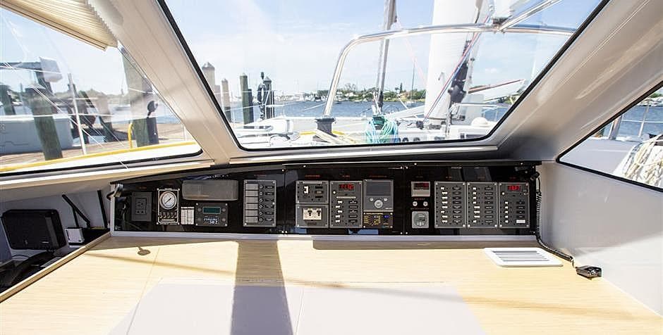 Control panel of 2018 Chris White Atlantic 49 MastFoil yacht, featuring navigation instruments.