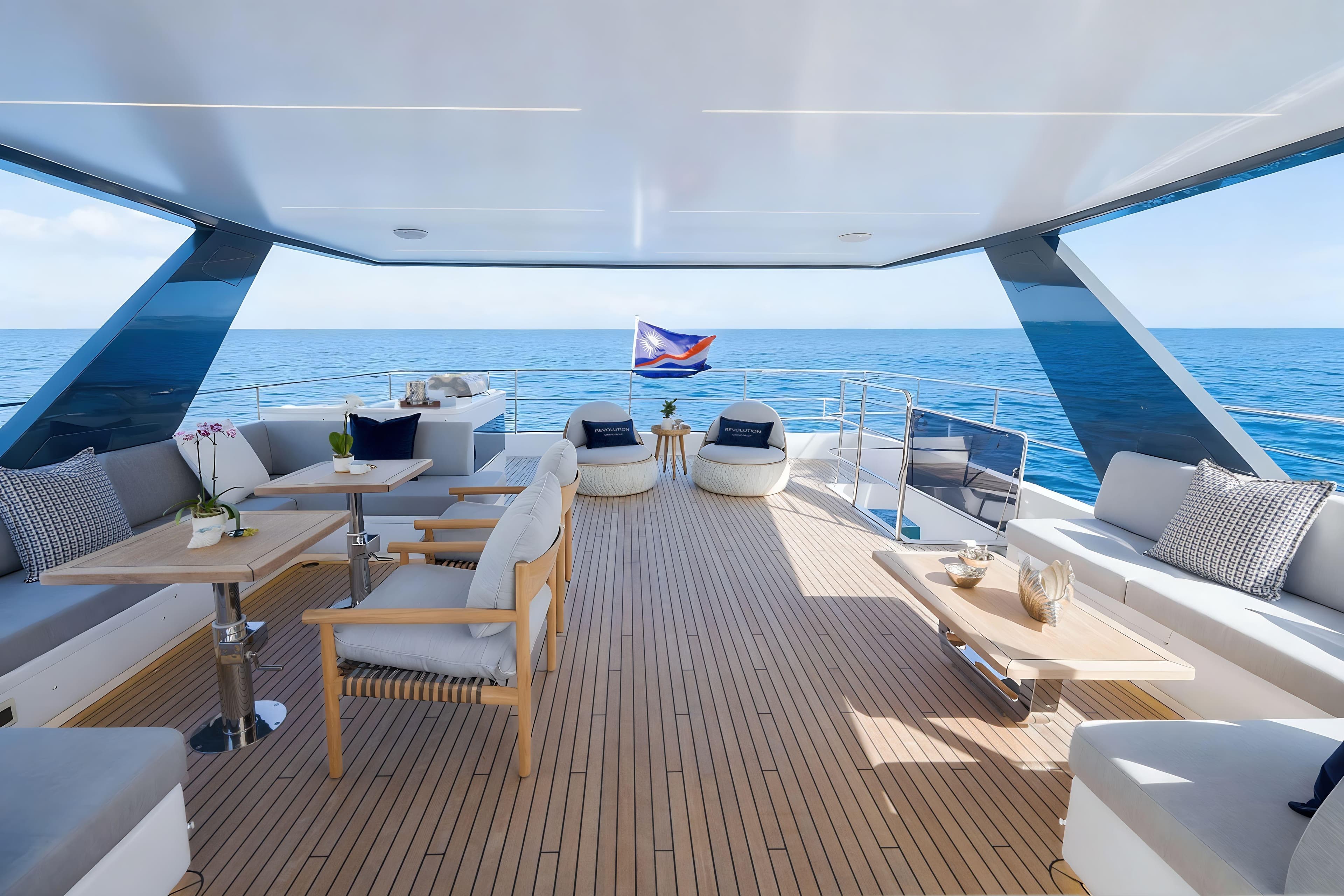 Luxurious Oceanwalker S60e electric yacht deck with elegant seating and ocean view, 2026 model.