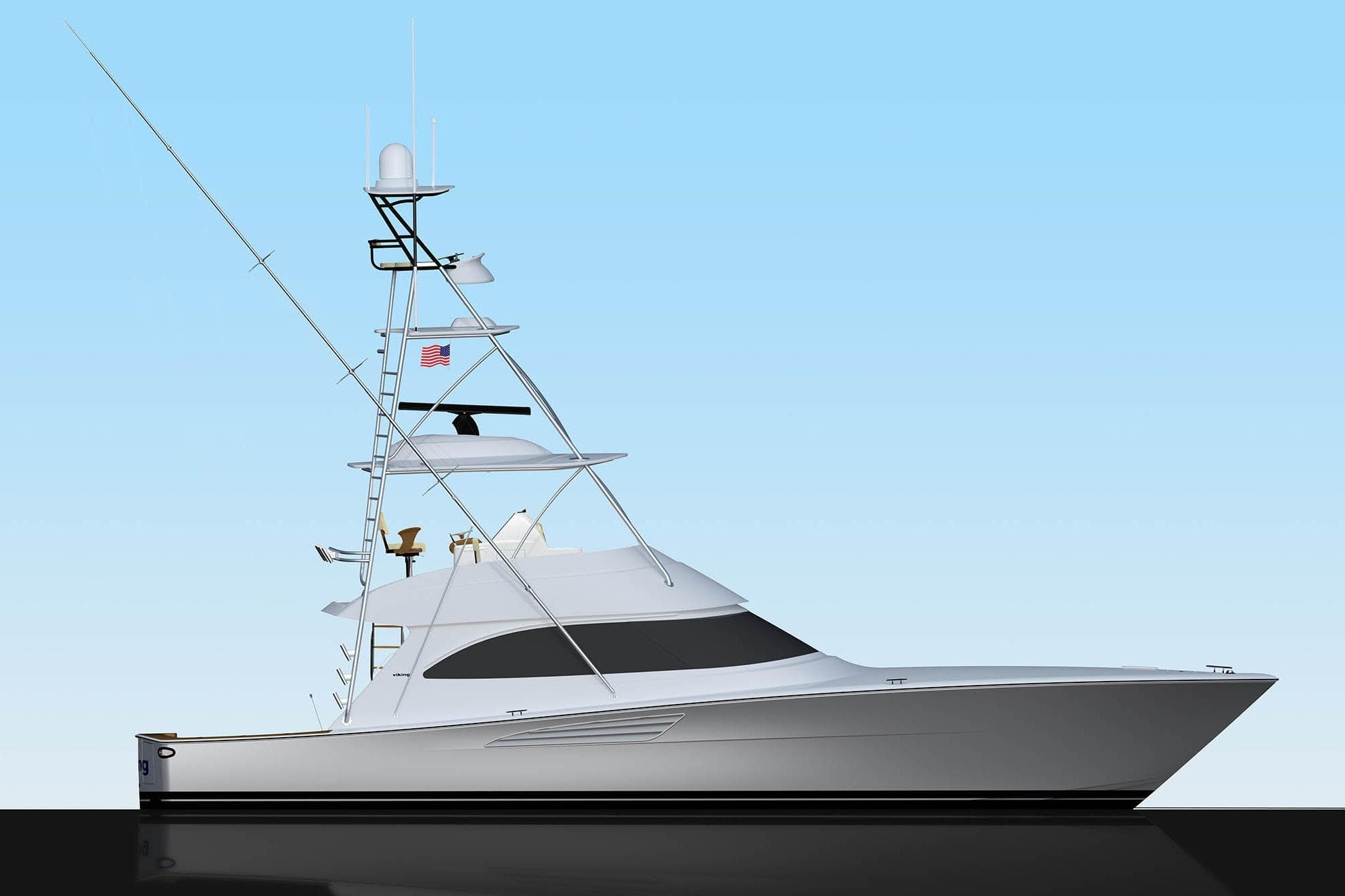 2026 Viking 54 Convertible yacht with sleek design against a clear blue sky.