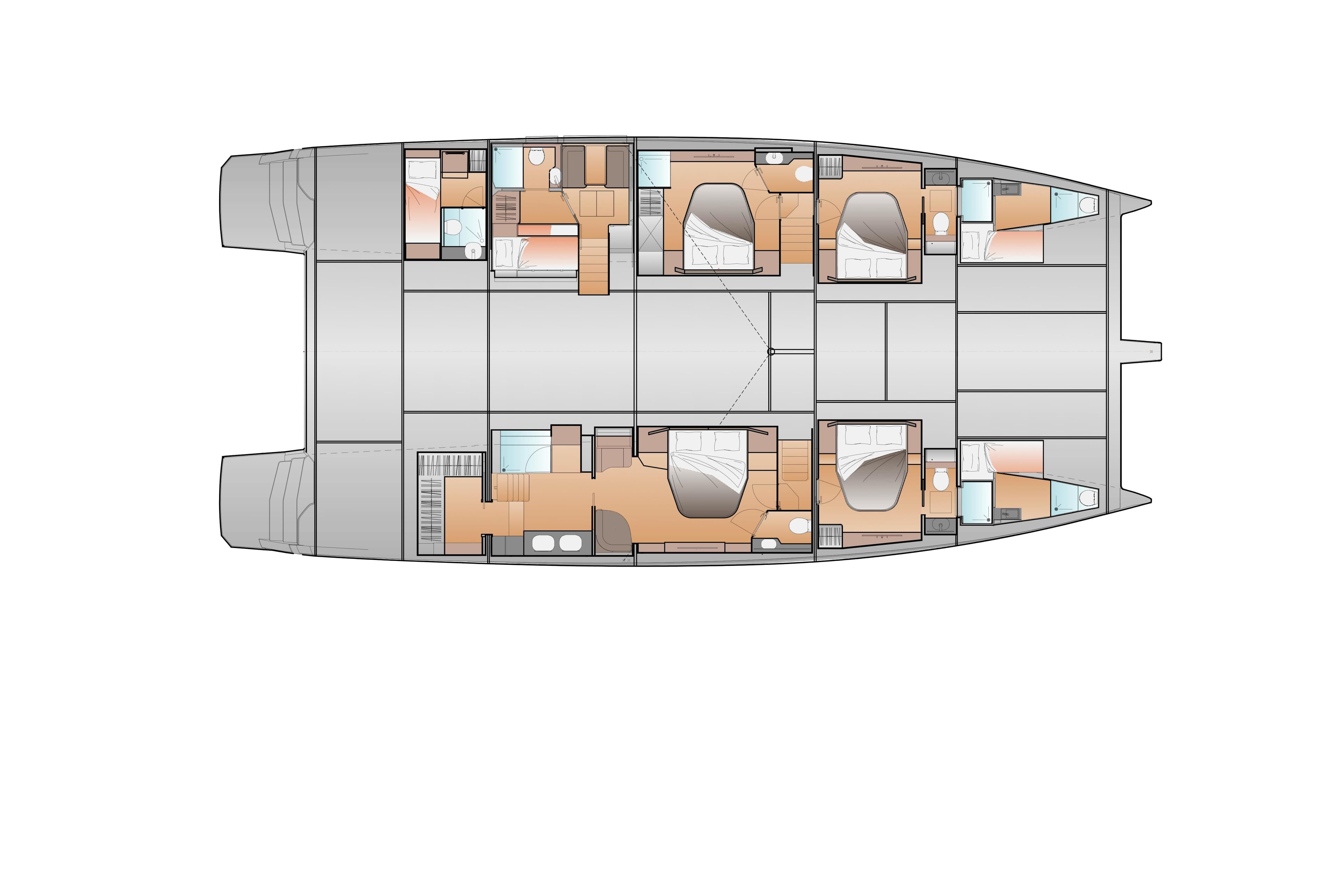 Floor plan of 2027 Fountaine Pajot FPY 70S yacht, featuring spacious cabins and modern amenities.