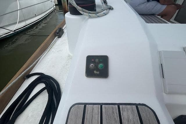 2017 Beneteau Oceanis 38.1 yacht deck with control panel and ropes.