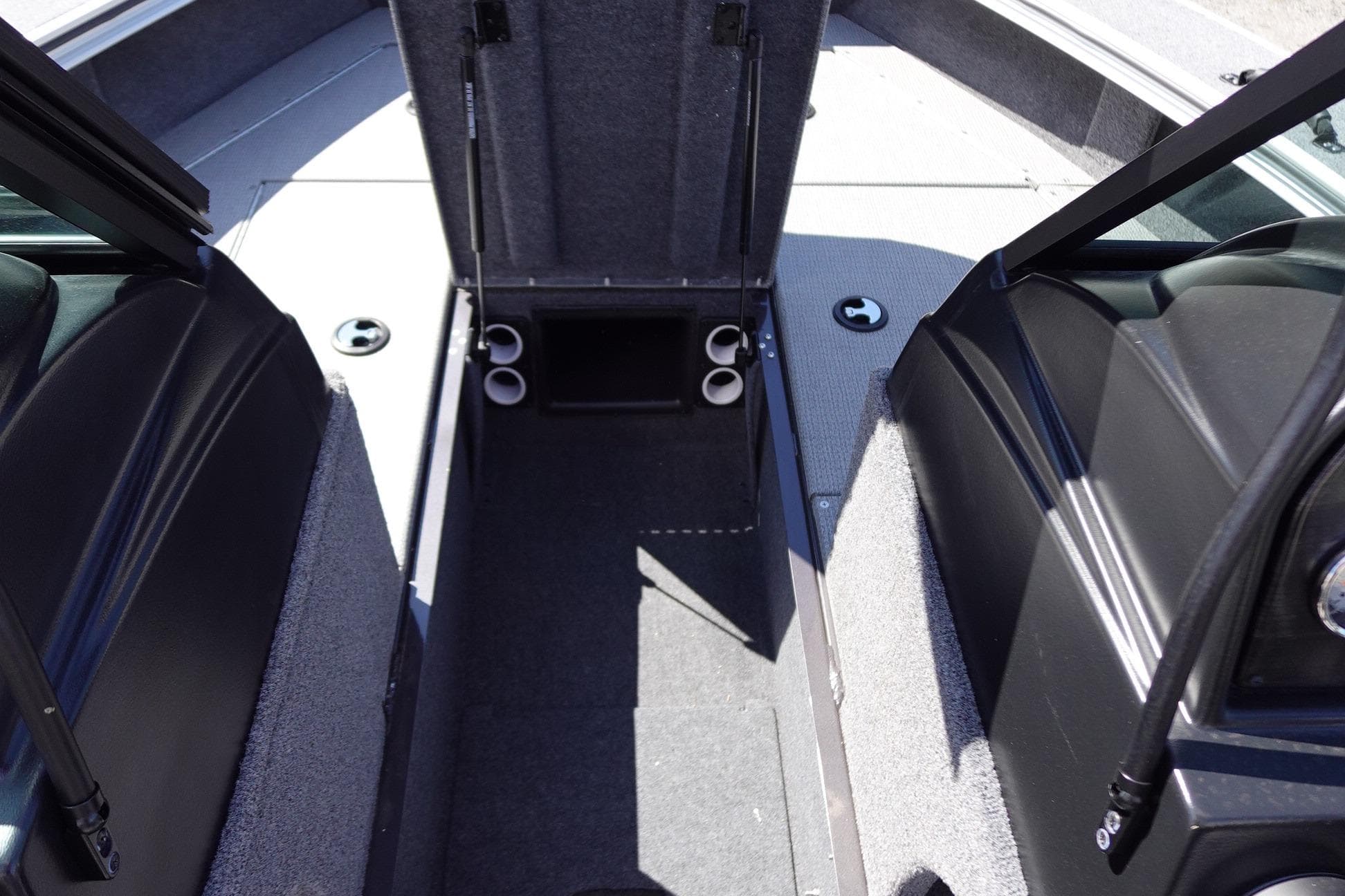 2025 G3 Angler V1750SF boat interior with open storage compartment and seating.