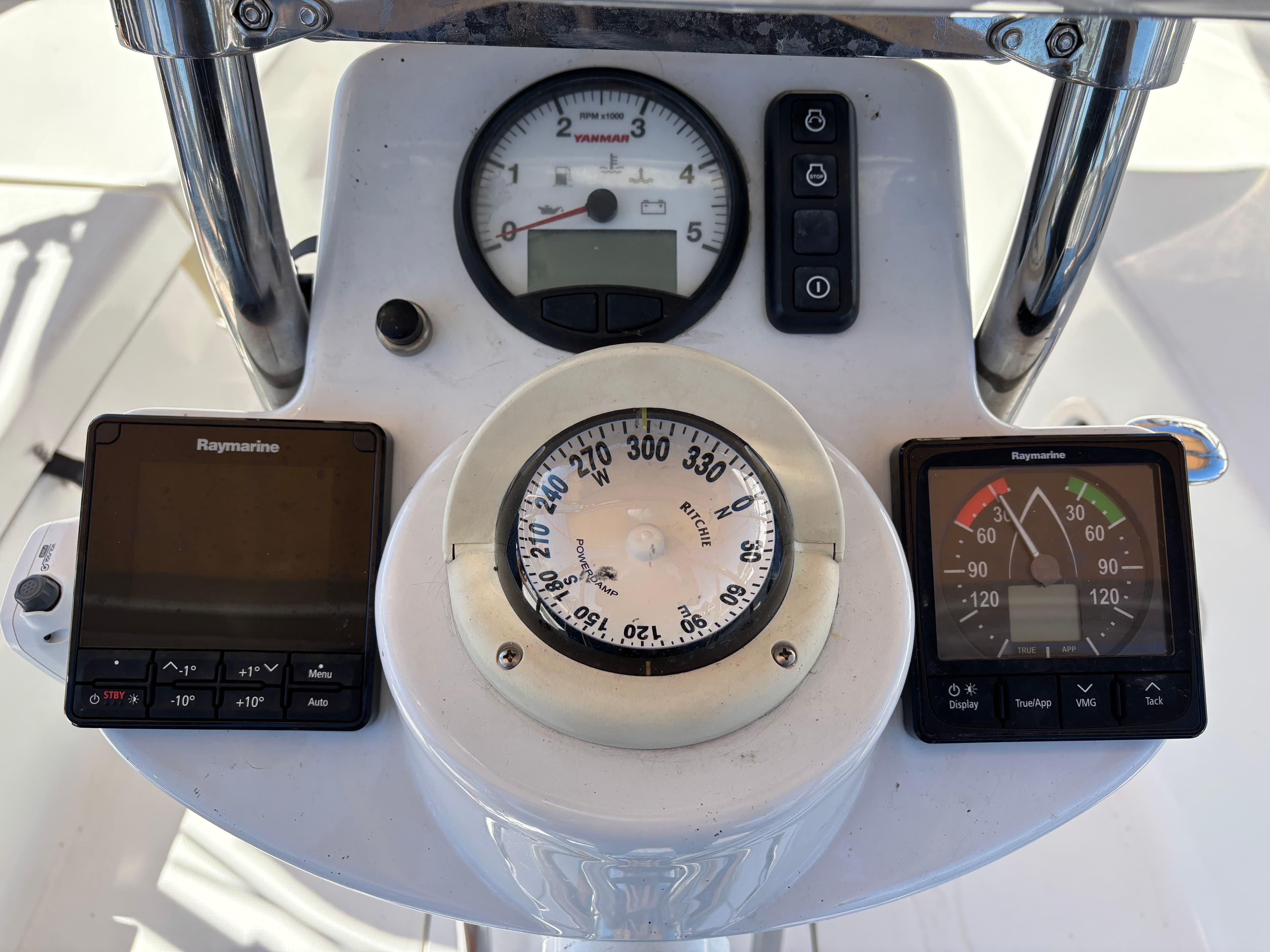 Control console of a 2016 Marlow-Hunter 37 sailboat.
