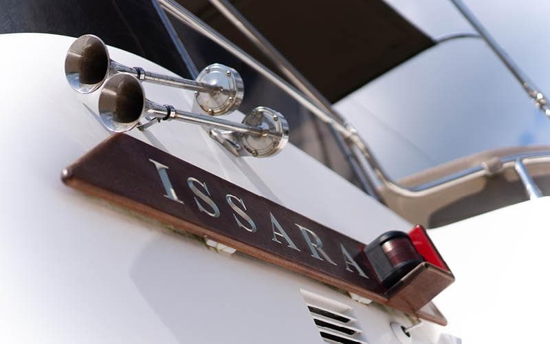 2019 Selene 42 Voyager Sedan yacht with nameplate "Issara" and dual horns.