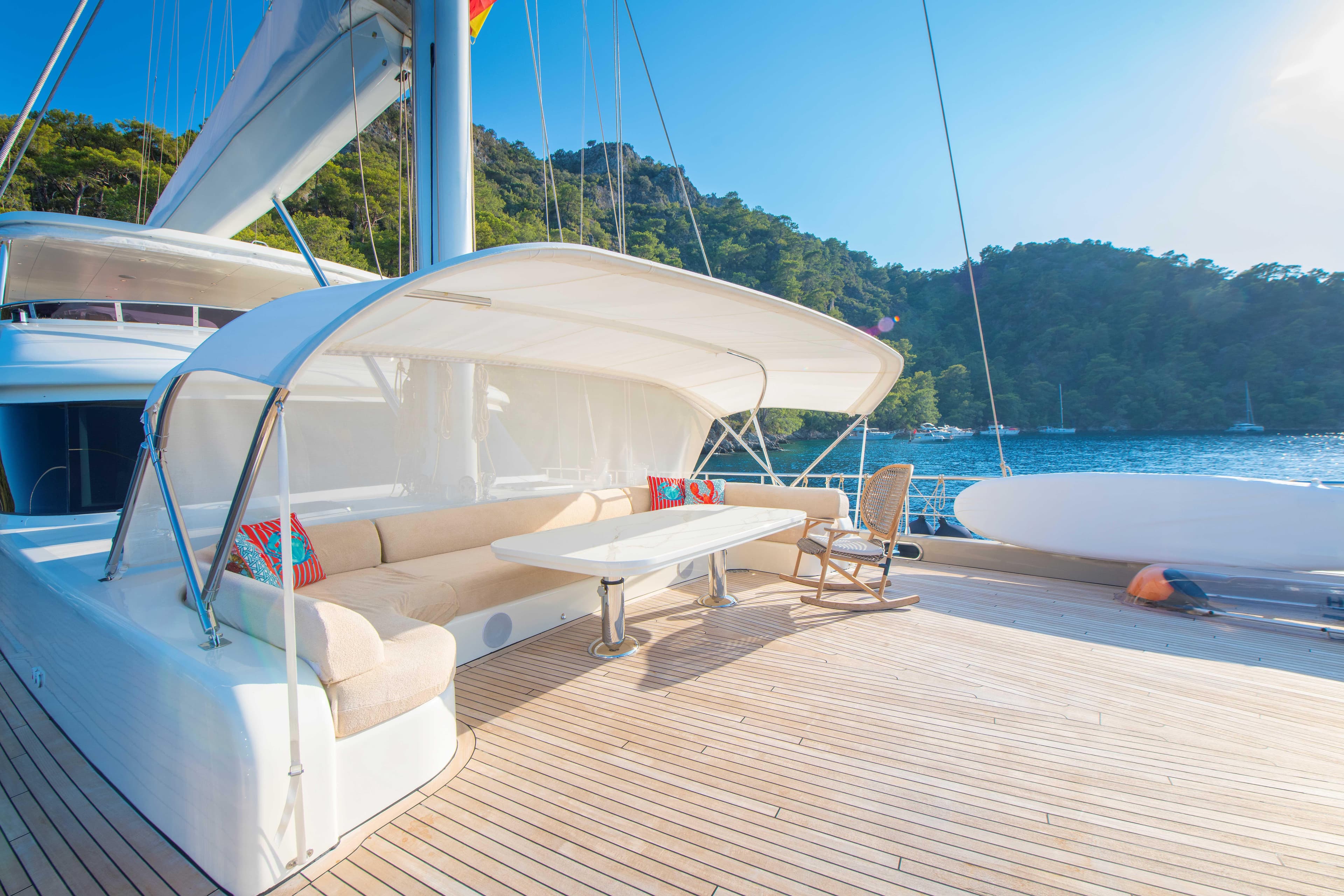 Luxurious 2023 Custom Motorsailer 41M deck with seating, overlooking serene waters and lush greenery.