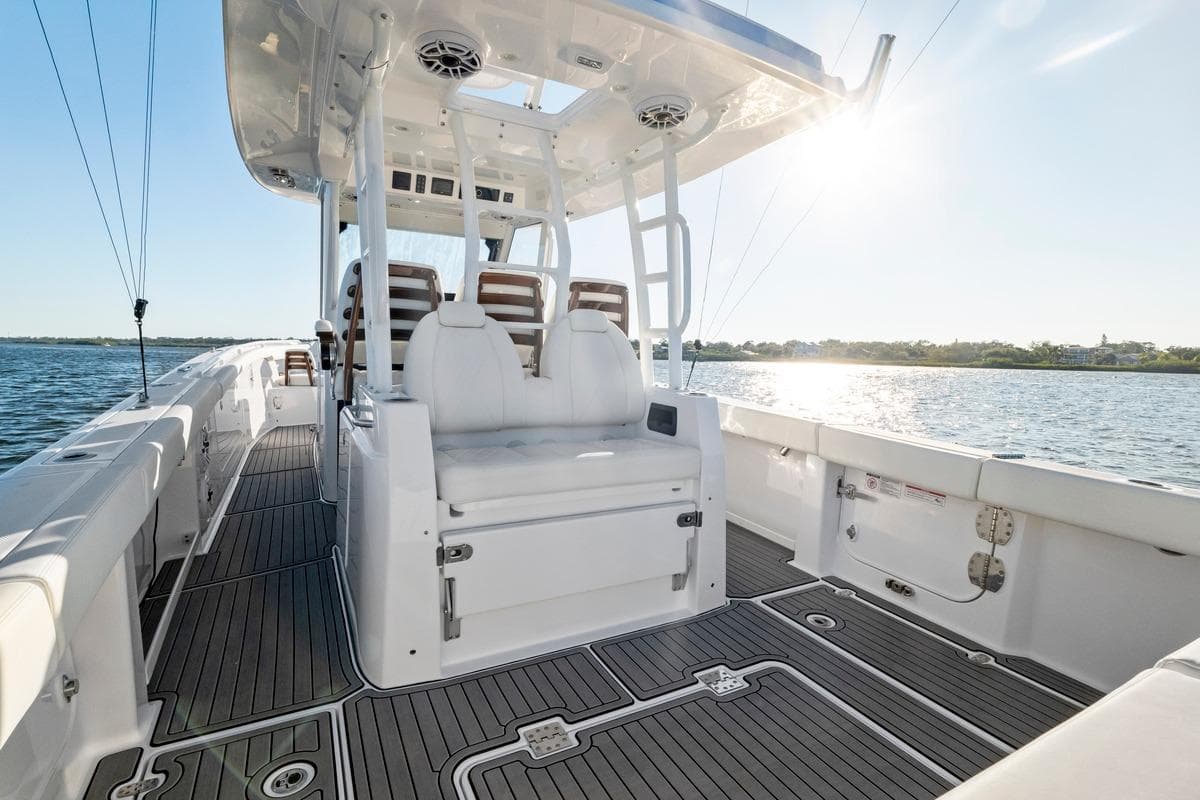 2026 Everglades 375 Center Console boat interior with seating, on a sunny day.