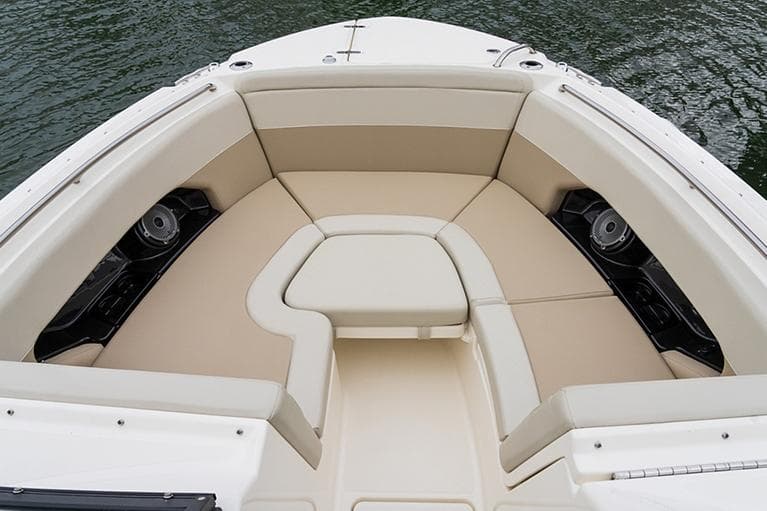 Manufacturer Provided Image: 2023 Boston Whaler 240 Vantage boat interior with beige seating.