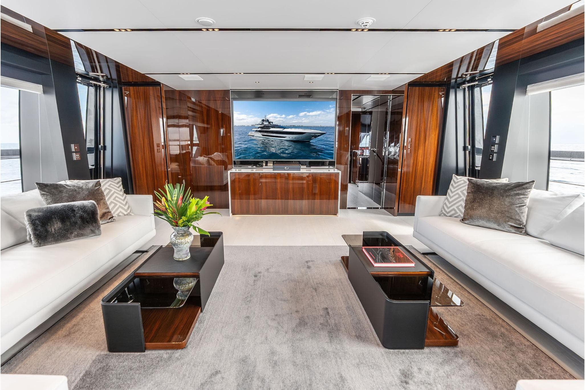 Luxurious interior of 2024 Riva 130' Bellissima yacht with elegant furnishings and modern design.