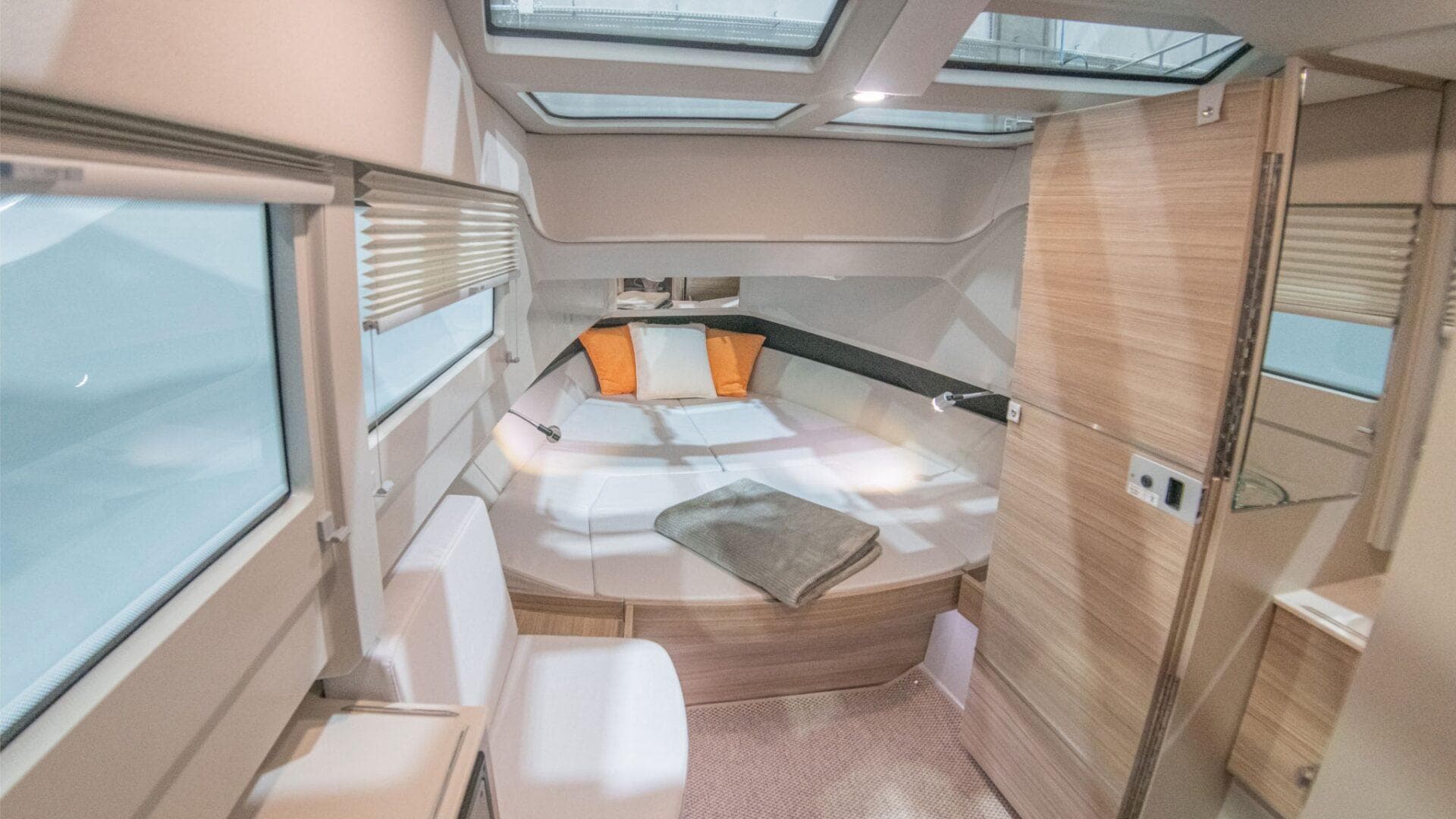 Interior cabin of 2025 Saxdor 320 GTC with modern design and skylights.