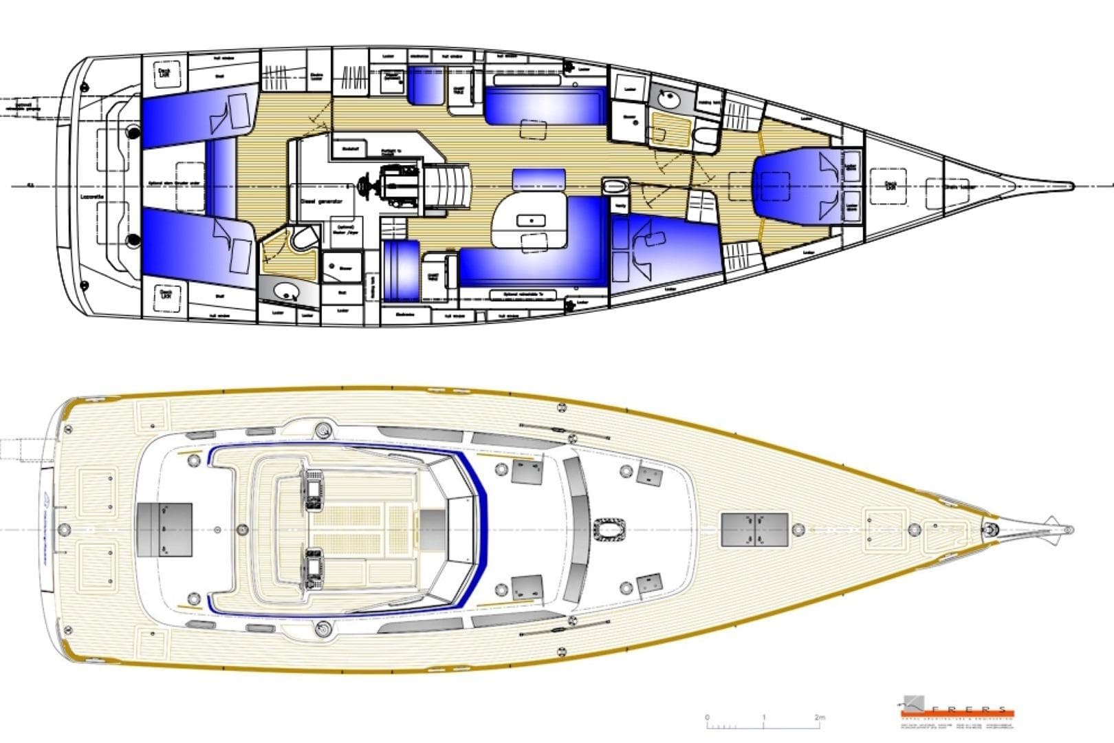 Deck and interior layout of 2020 Hallberg-Rassy 57 yacht, showcasing cabin and living spaces.