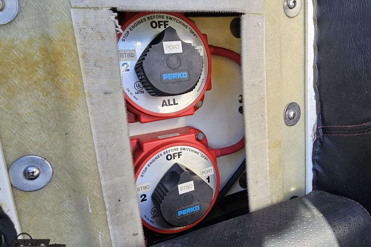 Battery switches on a 2010 MTI 44 Corvette boat, featuring Perko controls.
